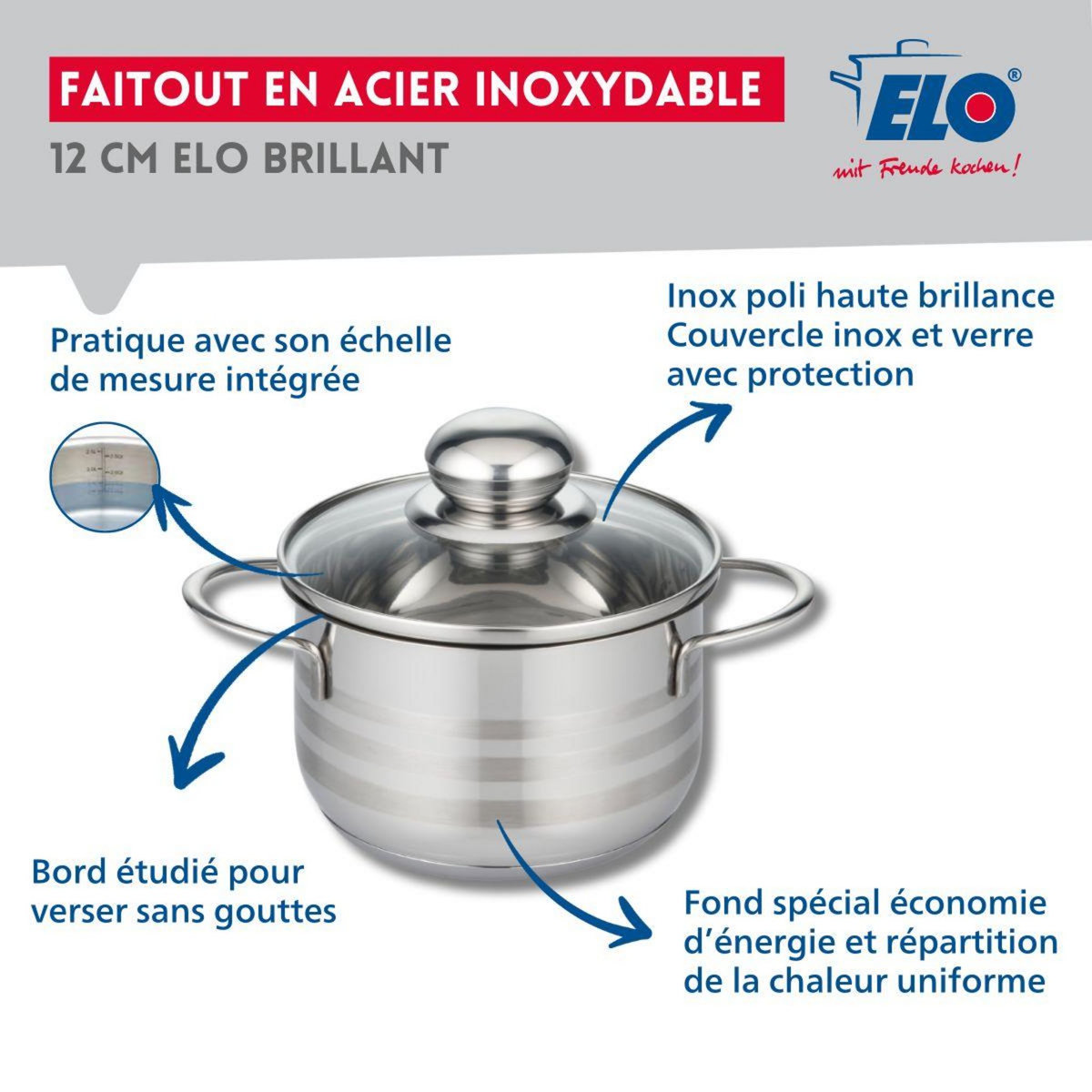 ELO Faitout 12 cm en acier inoxydable sans PFAS Elo Brillant