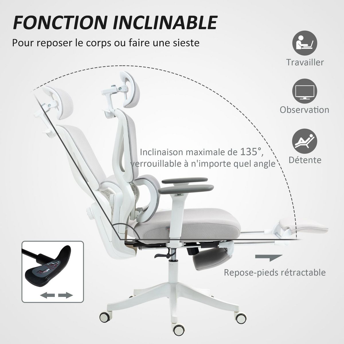 HOMCOM Chaise de bureau ergonomique inclinable support lombaires repose-pied blanc gris