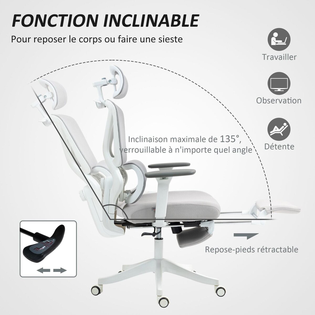 HOMCOM Chaise de bureau ergonomique inclinable support lombaires repose-pied blanc gris