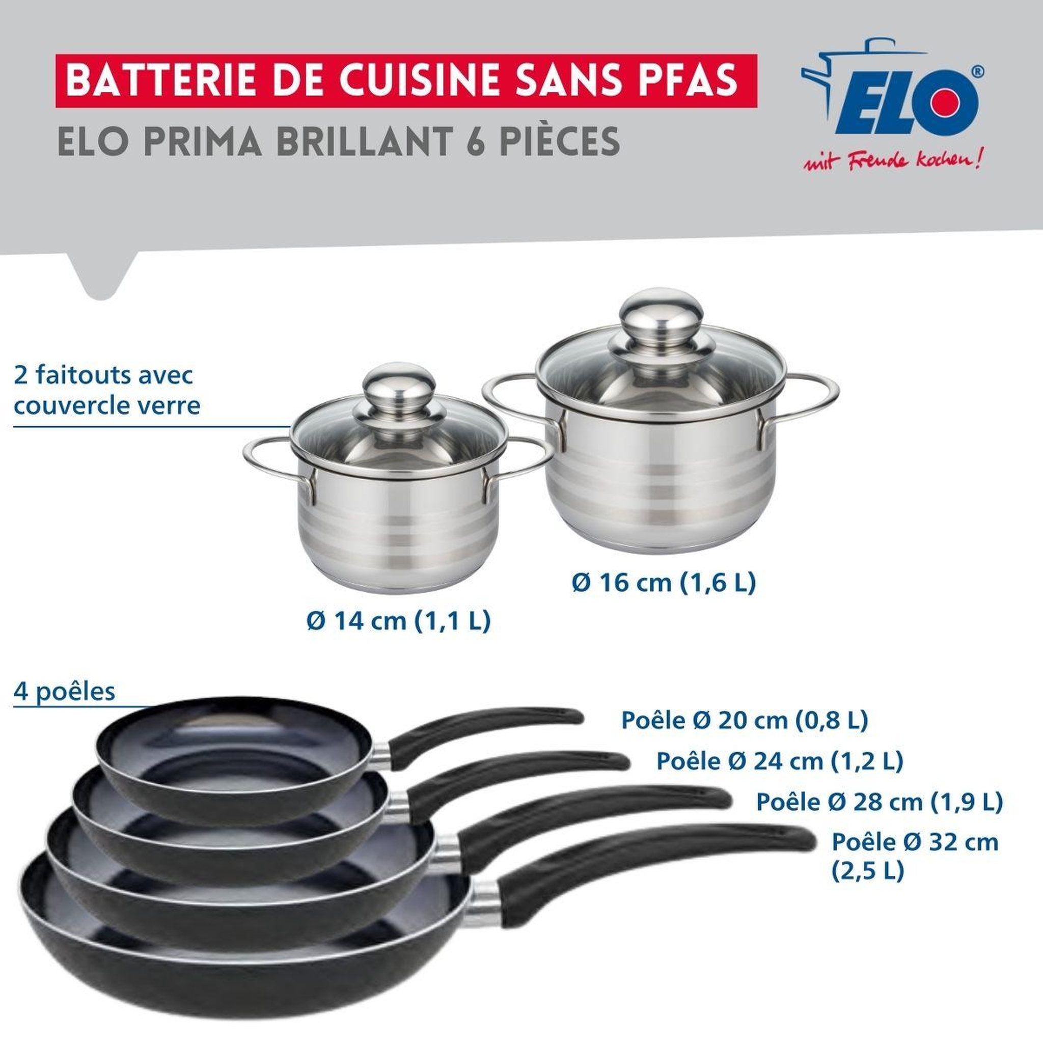 Voir la diapositive 2 : ELO Ensemble de 4 poêles de cuisson 20, 24, 28 et 32 cm et 2 faitouts 14 et 16 cm elo prima brillant