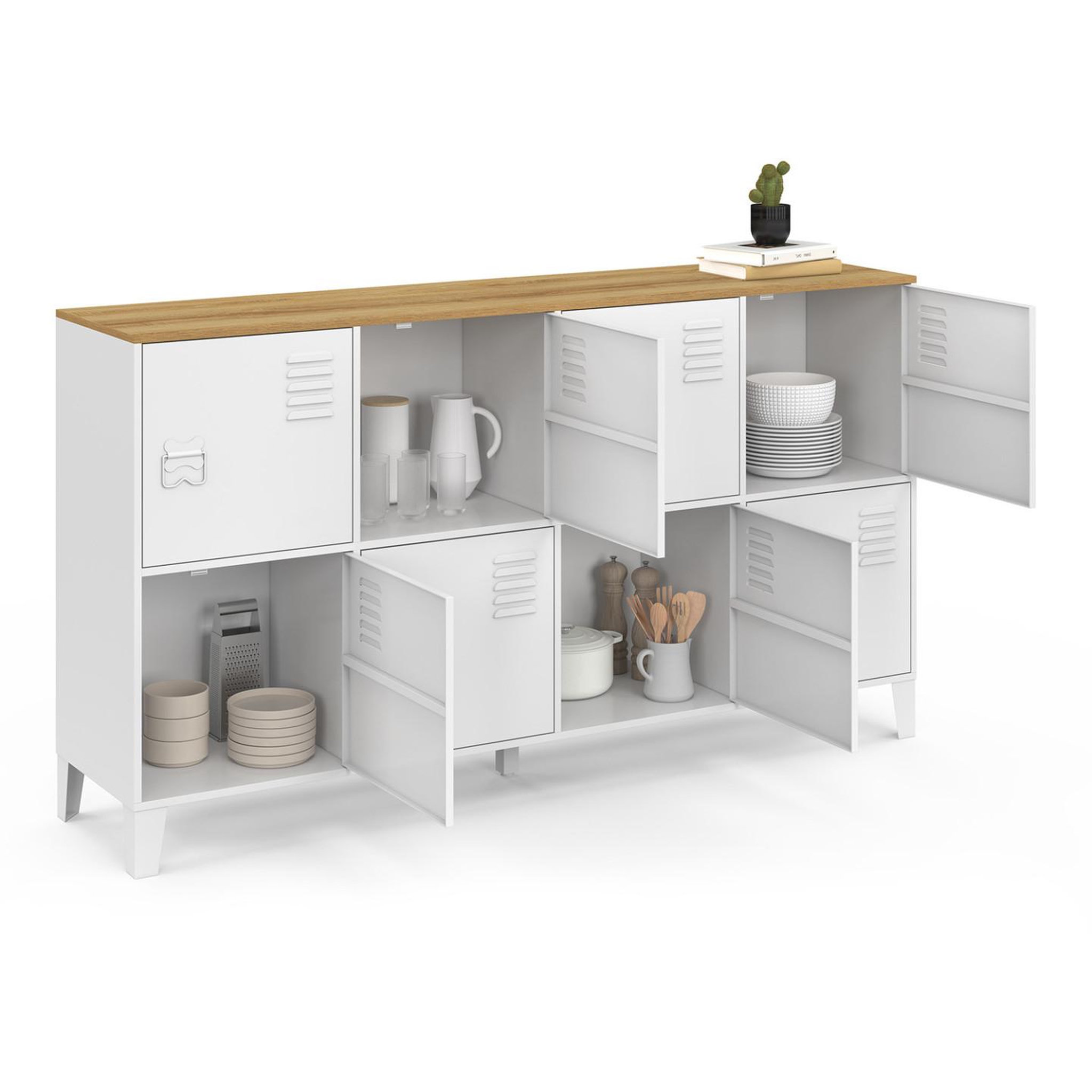 Voir la diapositive 4 : ID MARKET Buffet casier 139 cm ester 8 portes en métal blanc plateau bois design industriel