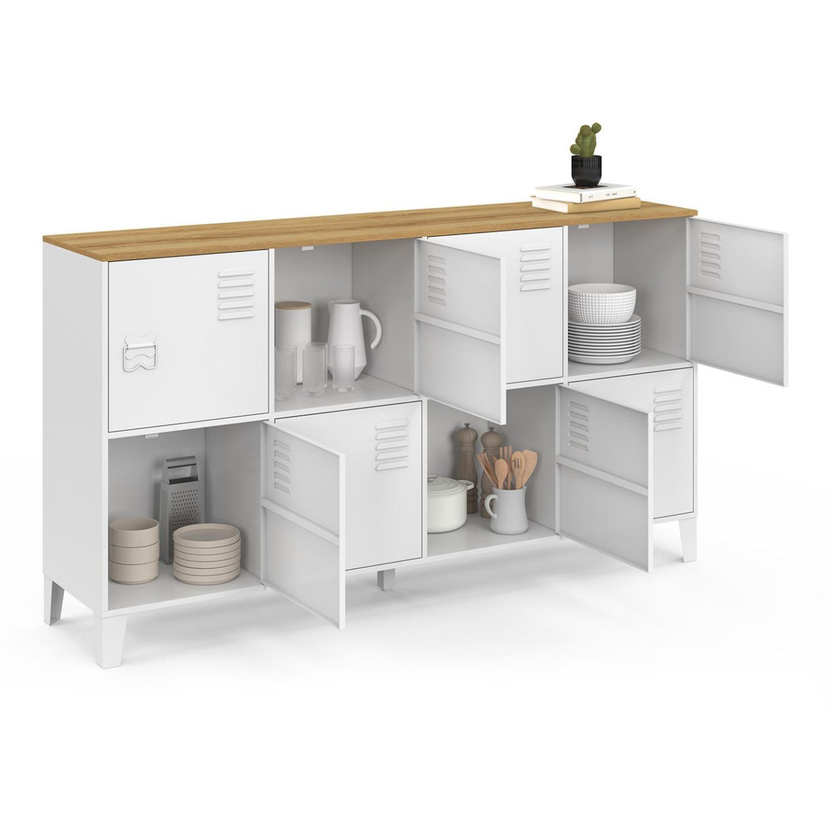 ID MARKET Buffet casier 139 cm ESTER 8 portes en métal blanc plateau bois design industriel