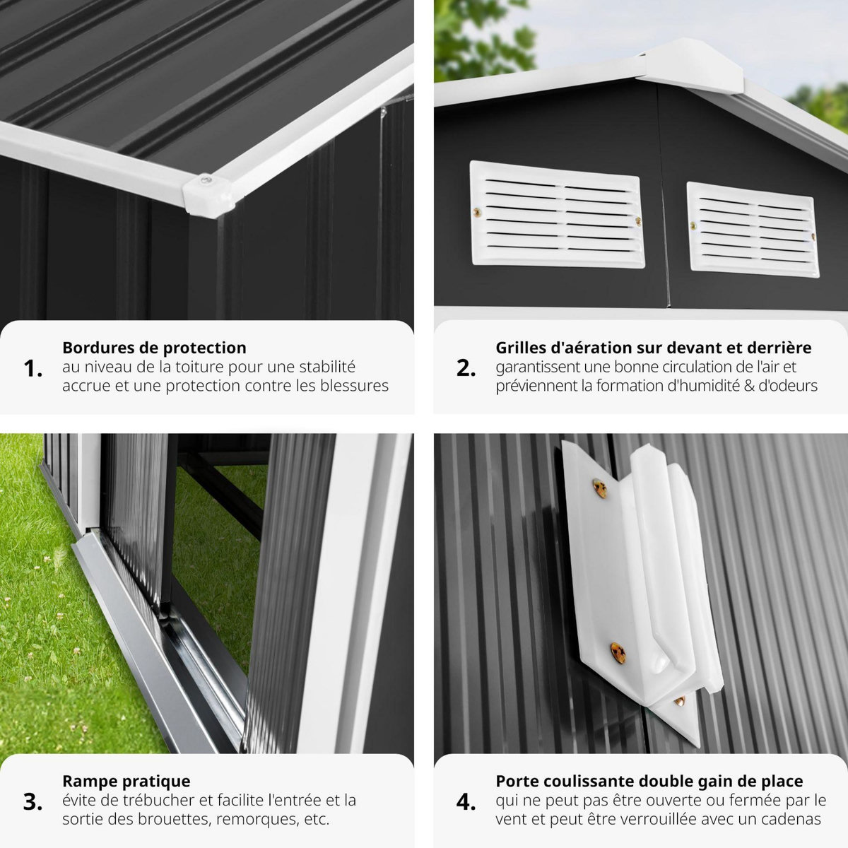 tectake Abri de jardin métal 2,7 m² toiture 2 pans en tôle d'acier gris/blanc