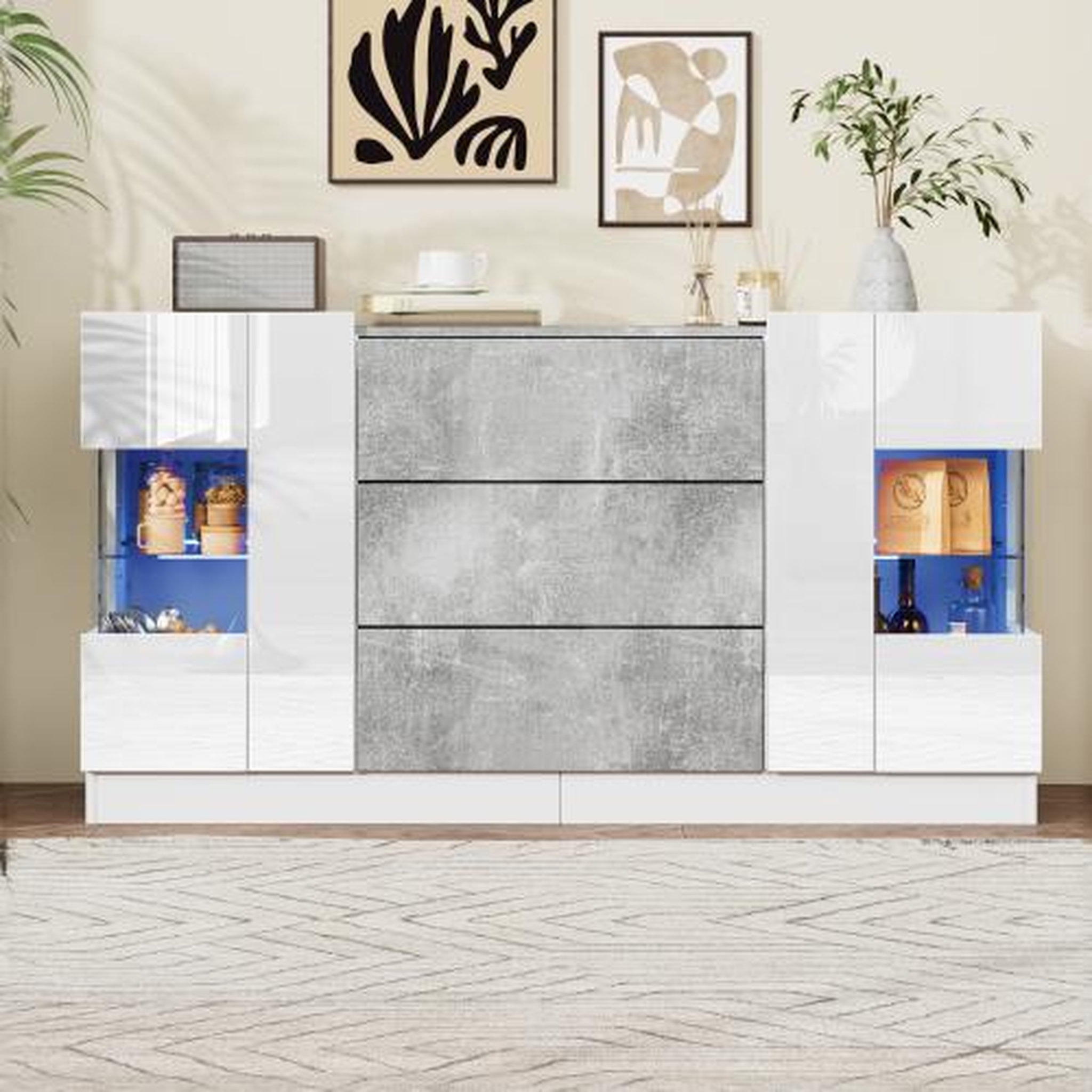 Voir la diapositive 4 : MERAX Buffet 2 porte(s) 3 tiroir(s) - 140 cm blanc+gris led mdf