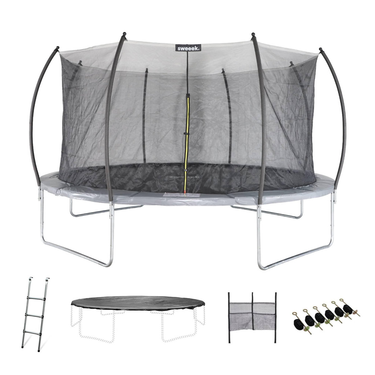SWEEEK Trampoline rond Ø 490cm gris avec filet de protection intérieur - Jupiter Inner XXL - échelle. bâche. filet pour chaussures et kit d'ancrage 4.90m 490 cm