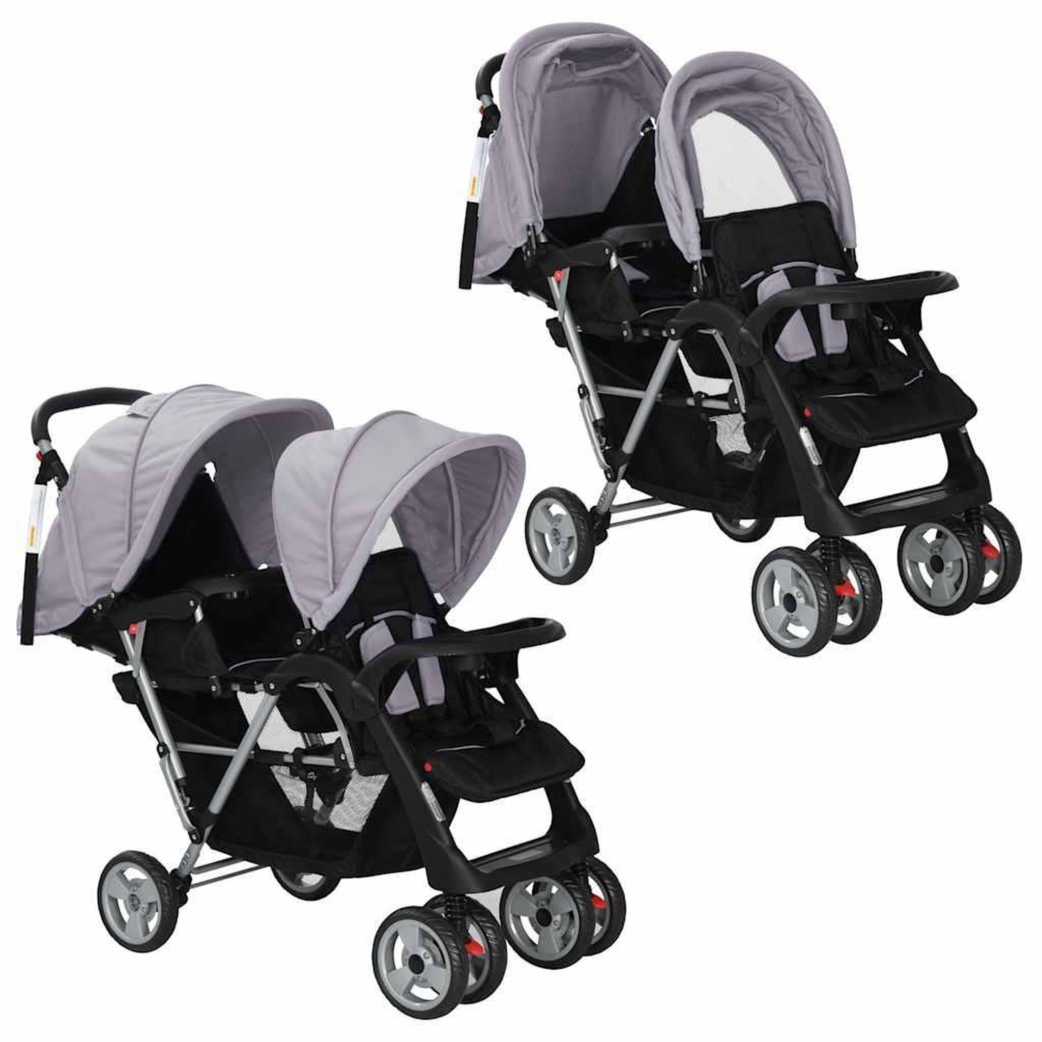 VIDAXL Poussette a deux places acier gris et noir