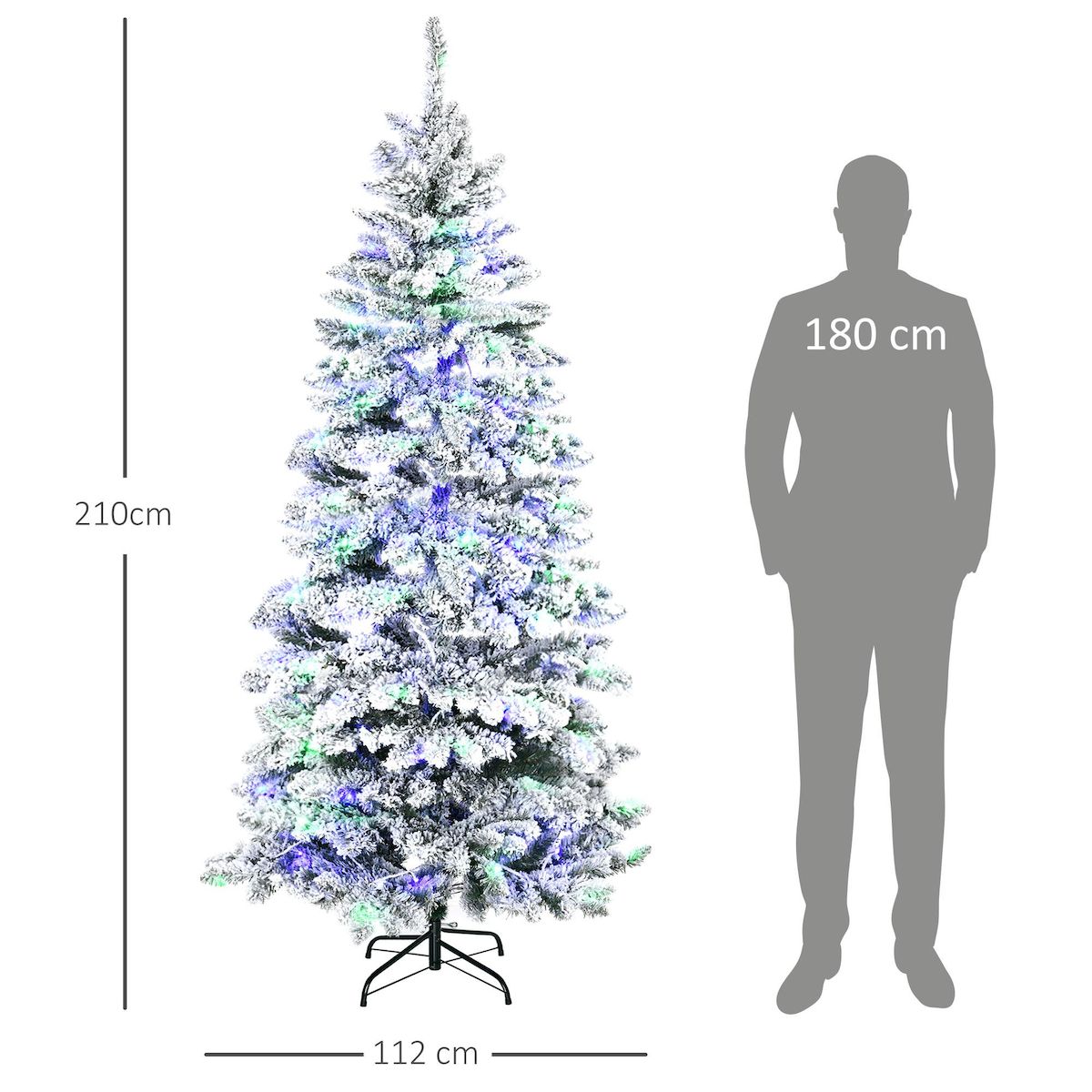 HOMCOM Sapin de Noël artificiel enneigé lumineux LED x 250 multicolore Ø 112 x 210H cm 829 branches vert blanc