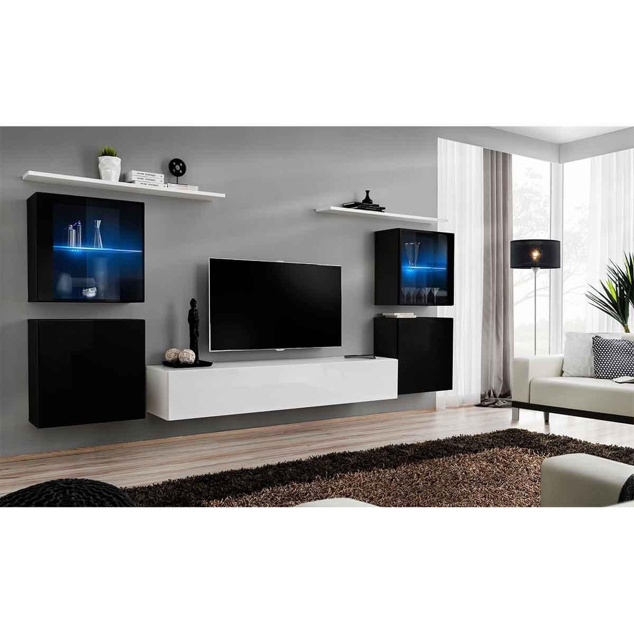 Voir la diapositive 2 : Paris Prix Meuble tv mural design  switch xiv  320cm blanc & noir