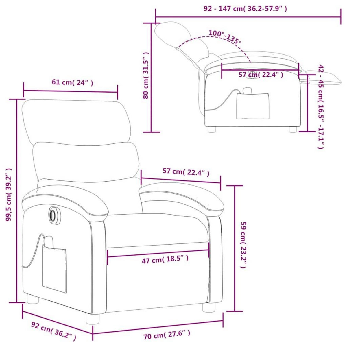 VIDAXL Fauteuil inclinable de massage electrique creme tissu