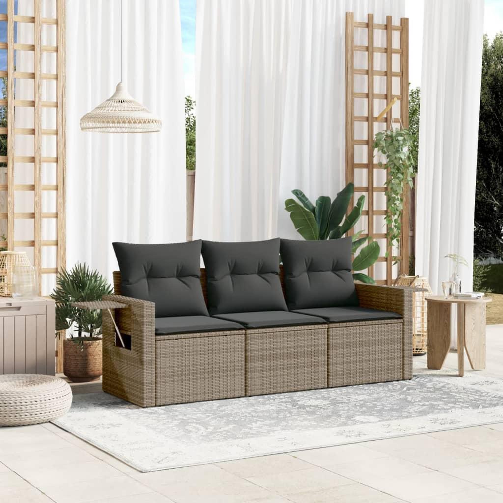 VIDAXL Salon de jardin avec coussins 3 pcs gris resine tressee