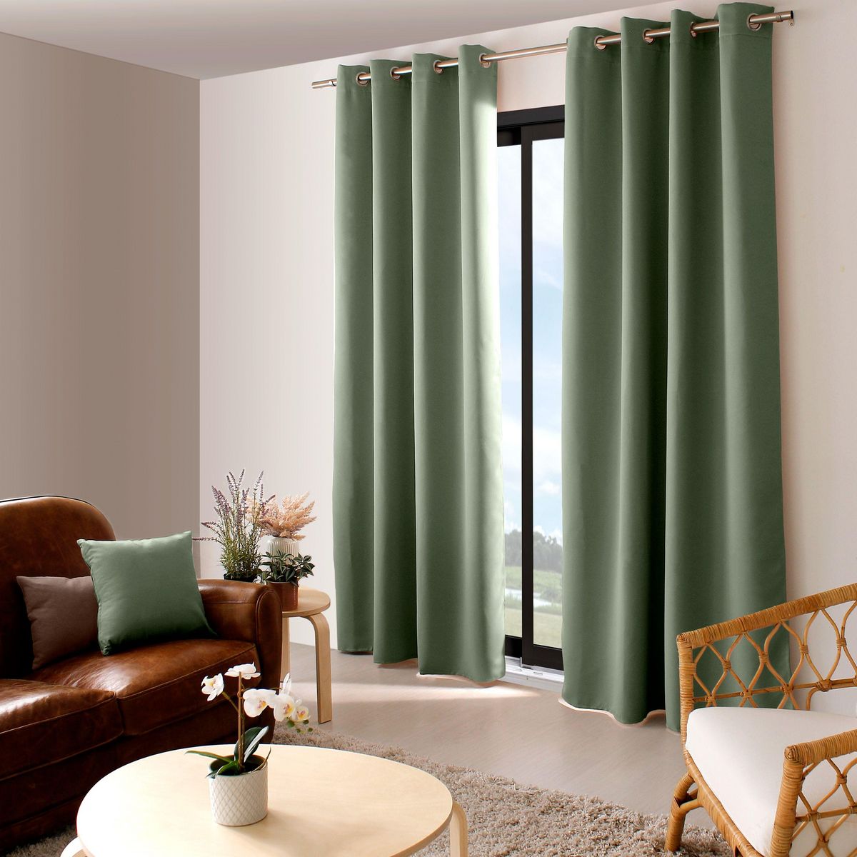 TOILINUX Rideau occultant Basic à 8 œillets - 140 x 240 cm - Vert Argile