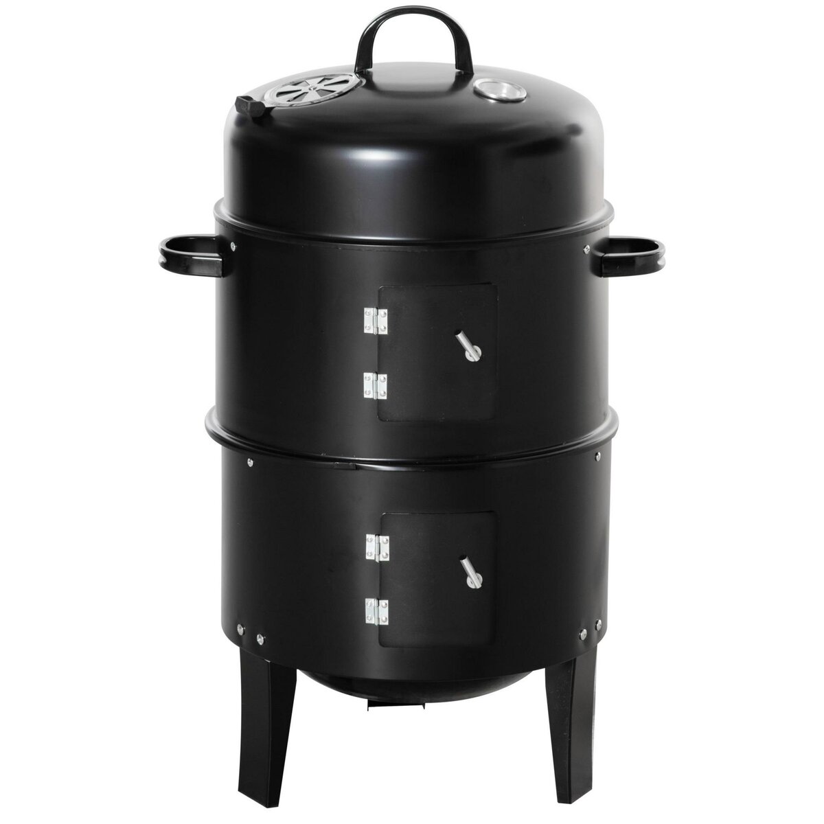 OUTSUNNY Barbecue fumoir grill braséro 3 en 1 - 2 grilles de cuisson, 2 portes - thermomètre, aérateur - Ø 40 x 80H cm - acier inox. noir