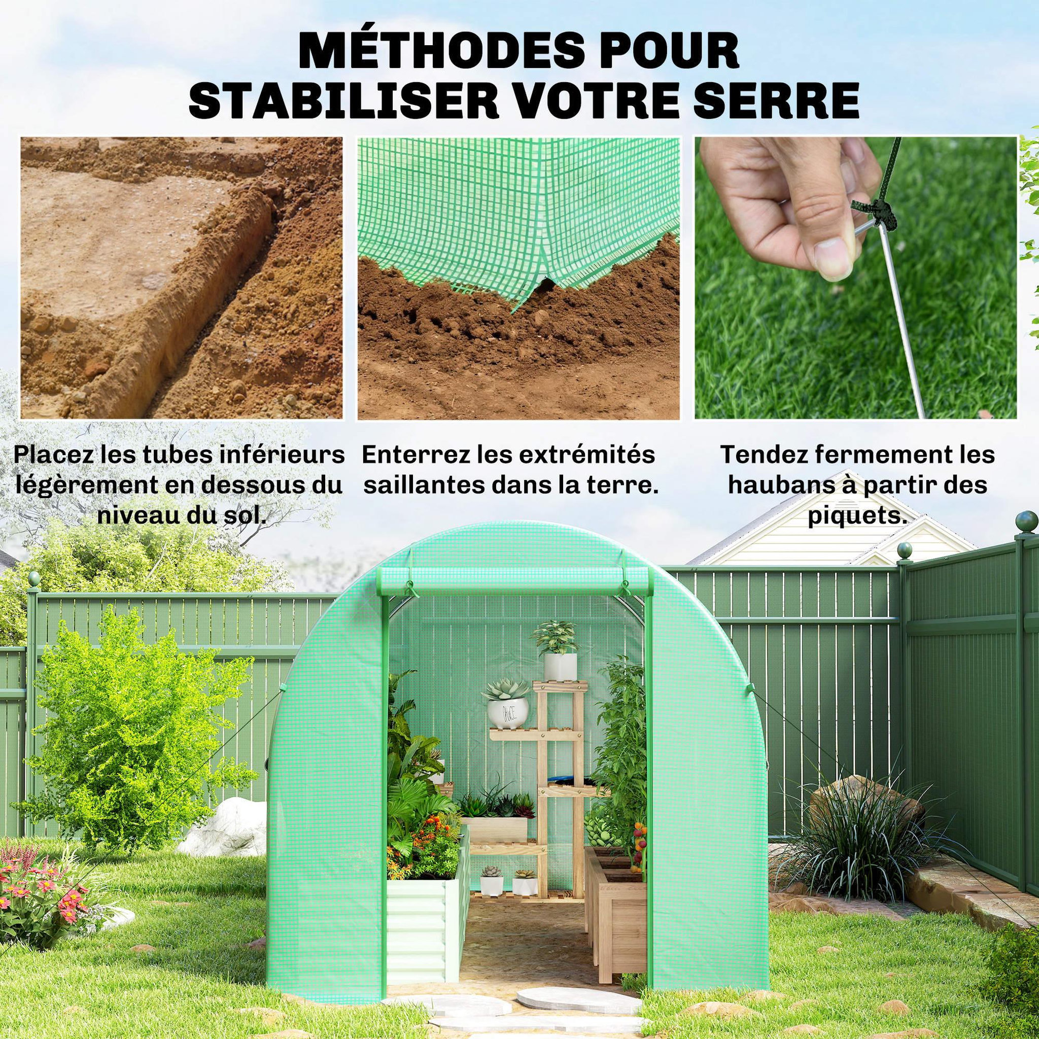 Voir la diapositive 6 : OUTSUNNY Serre de jardin tunnel surface sol 8 m² 4 x 2 x 2 m châssis tubulaire renforcé 18 mm 6 fenêtres vert