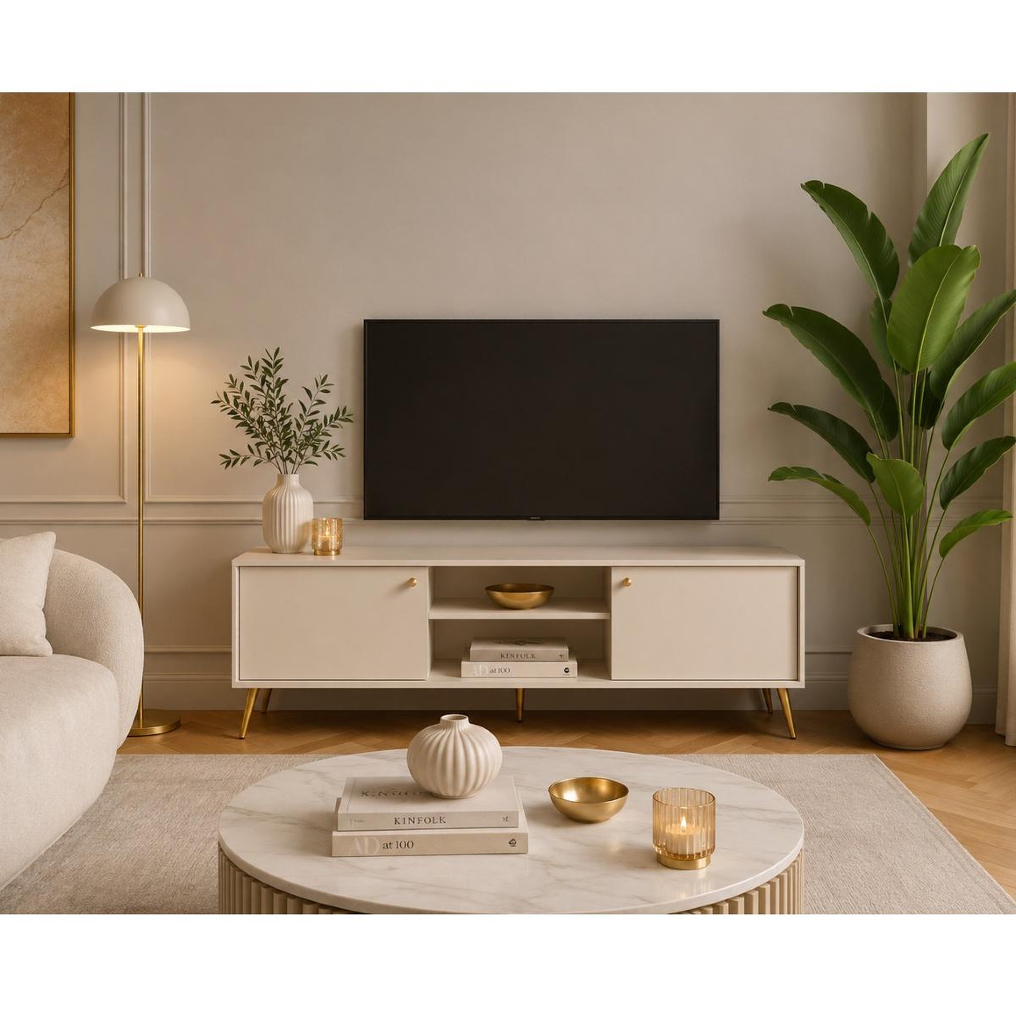 Voir la diapositive 2 : JLC KREATION Meuble tv moderne beige cachemire et pied or ezia