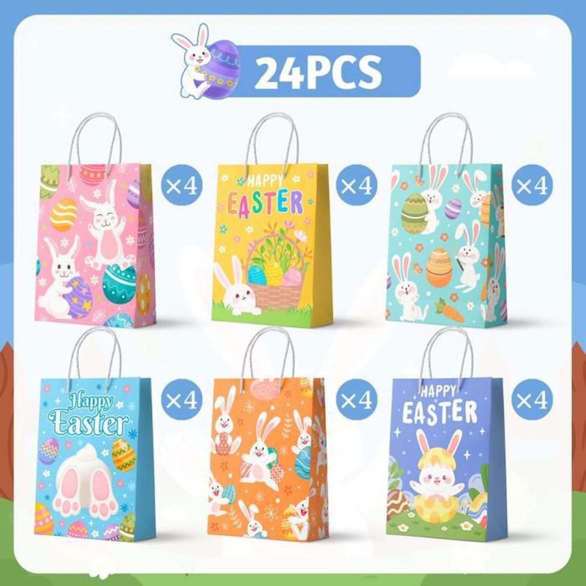 Voir la diapositive 2 : Sachets cadeaux Pâques en papier multicolore avec poignées, lot de 24 pièces, 6 motifs lapins et œufs