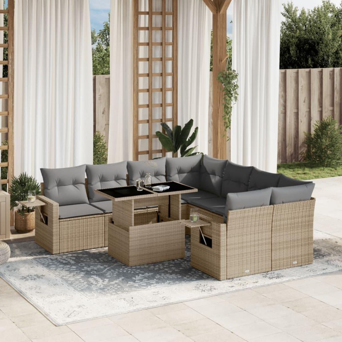 VIDAXL Salon de jardin avec coussins 9 pcs beige resine tressee