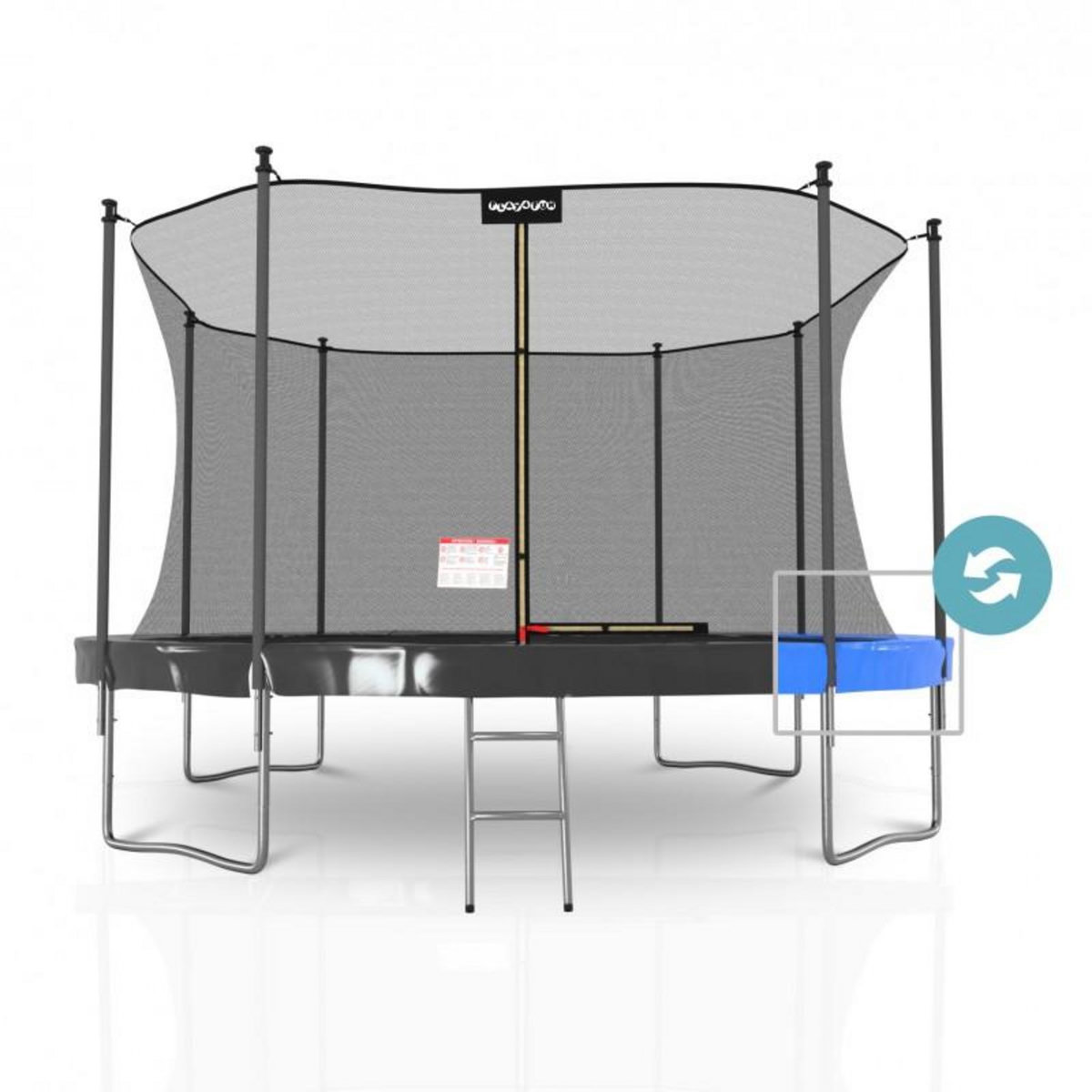 PLAY4FUN Trampoline de Jardin Classique 14FT ø427cm Pack trampo avec Matelas Réversible Bleu/Noir, Echelle, Filet de sécurité