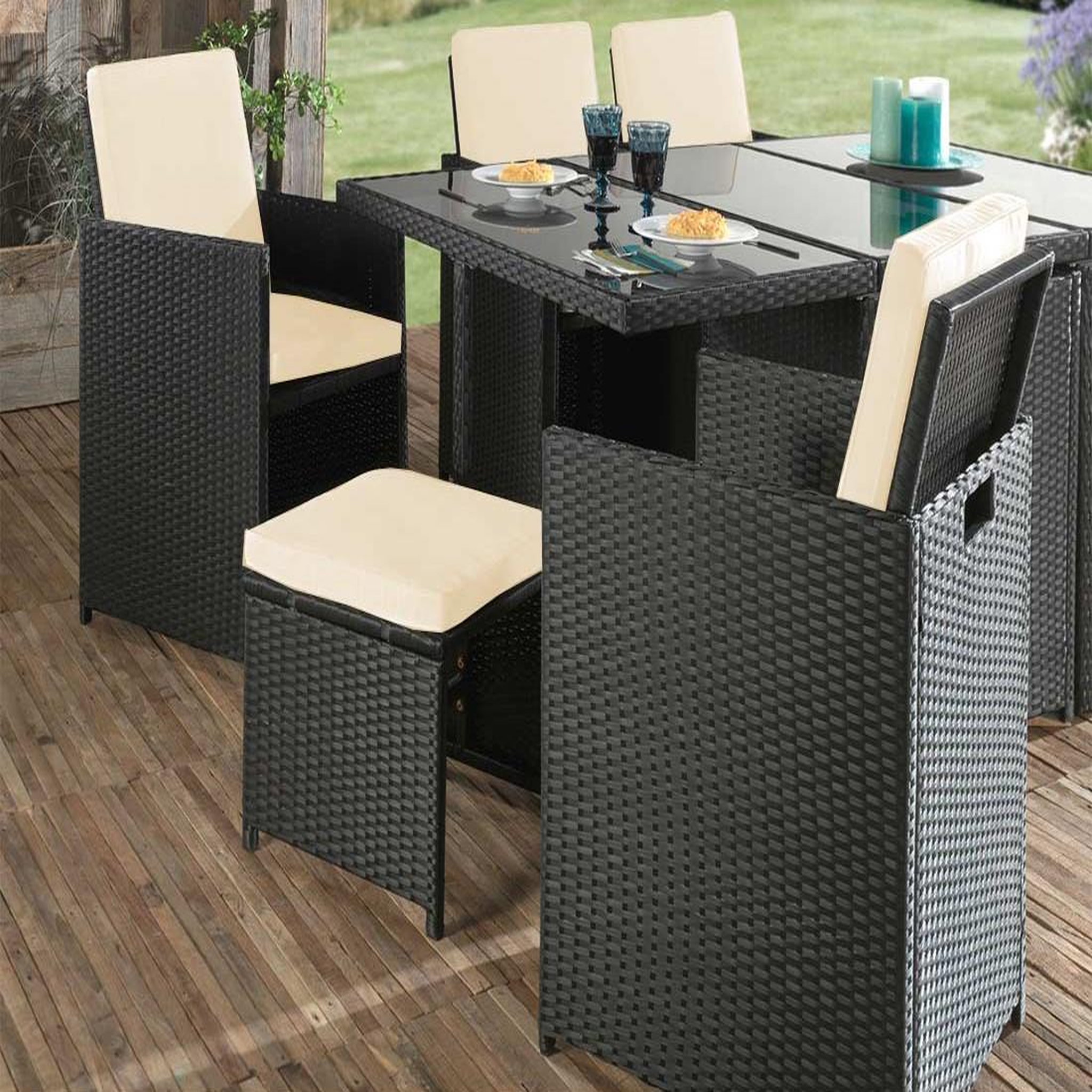 Voir la diapositive 2 : BEST MOBILIER Fira - salon de jardin encastrable 10 places - en résine tressée - noir avec coussins beiges + housse de protection