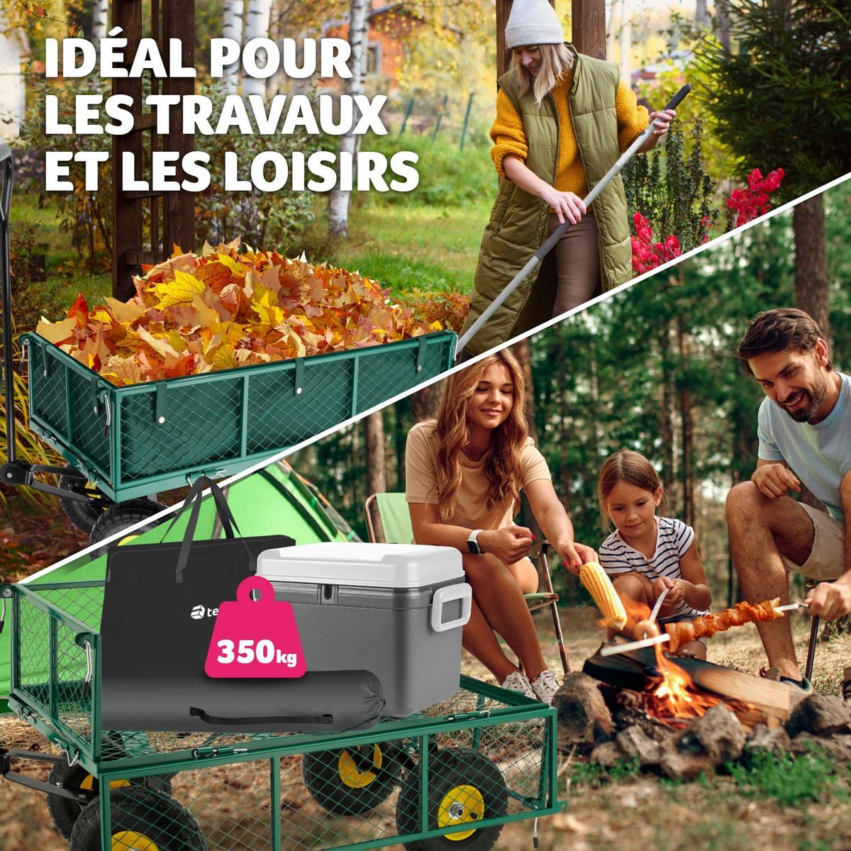 tectake Chariot de jardin et de transport avec des parois latérales rabattables vert