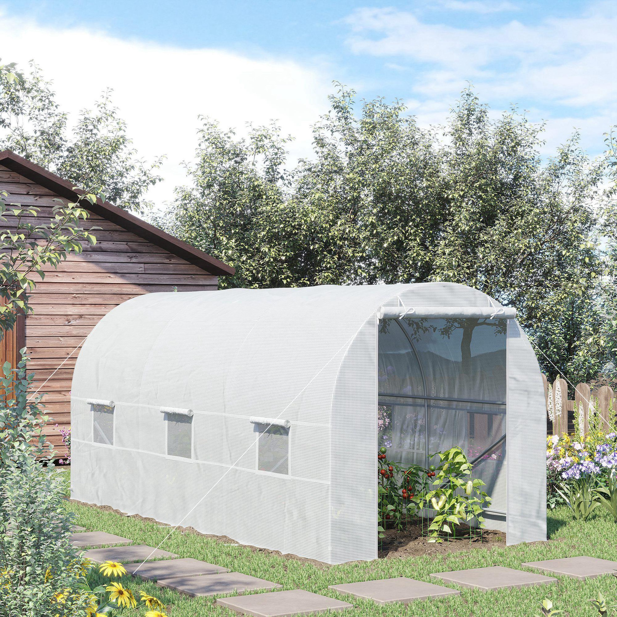 Voir la diapositive 2 : OUTSUNNY Serre de jardin tunnel surface sol 9 m² 4,5L x 2l x 2H m châssis tubulaire renforcé 18 mm 6 fenêtres blanc