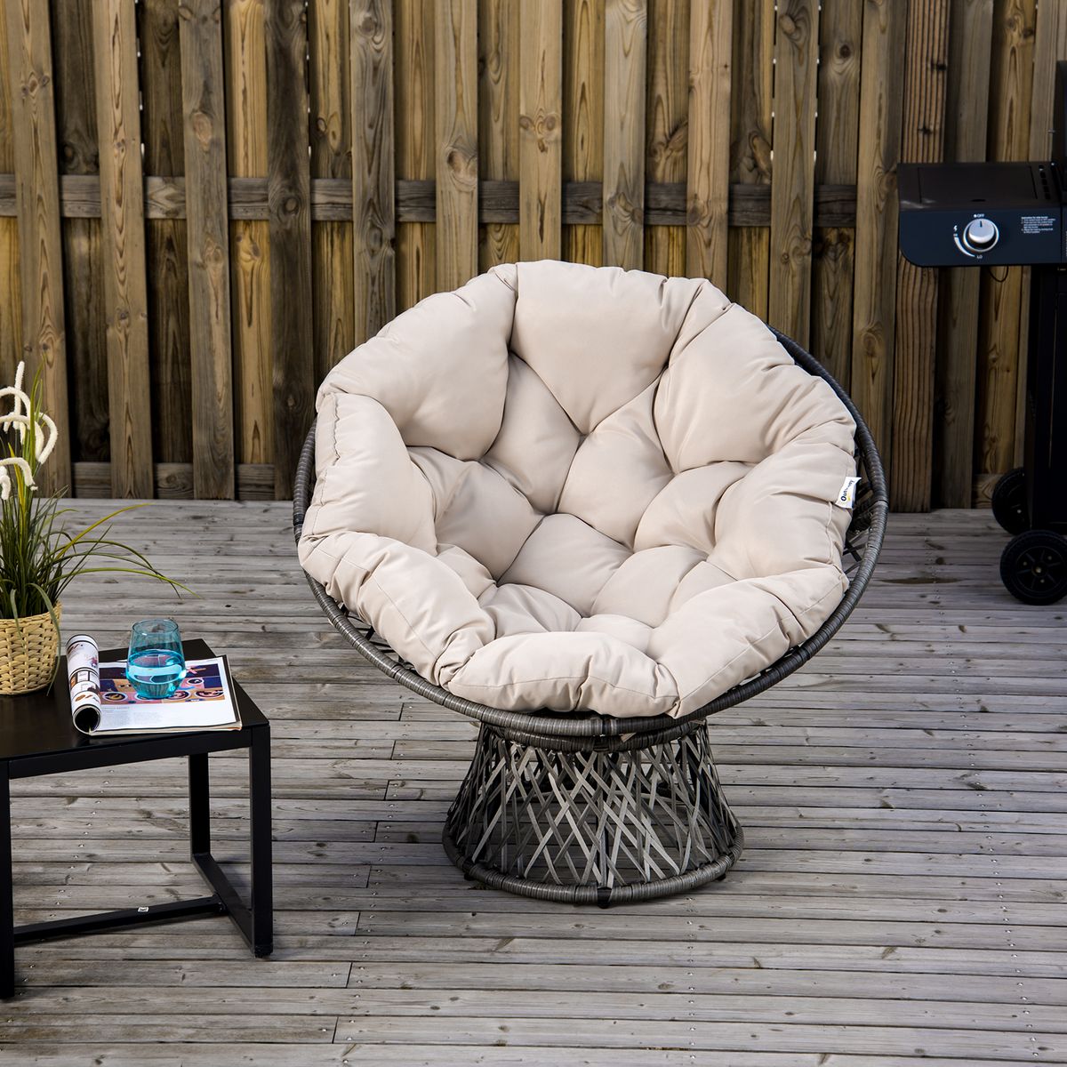 OUTSUNNY Fauteuil rond de jardin fauteuil papasan pivotant grand confort Ø 97 x 90H cm grand coussin fourni polyester résine tressée crème
