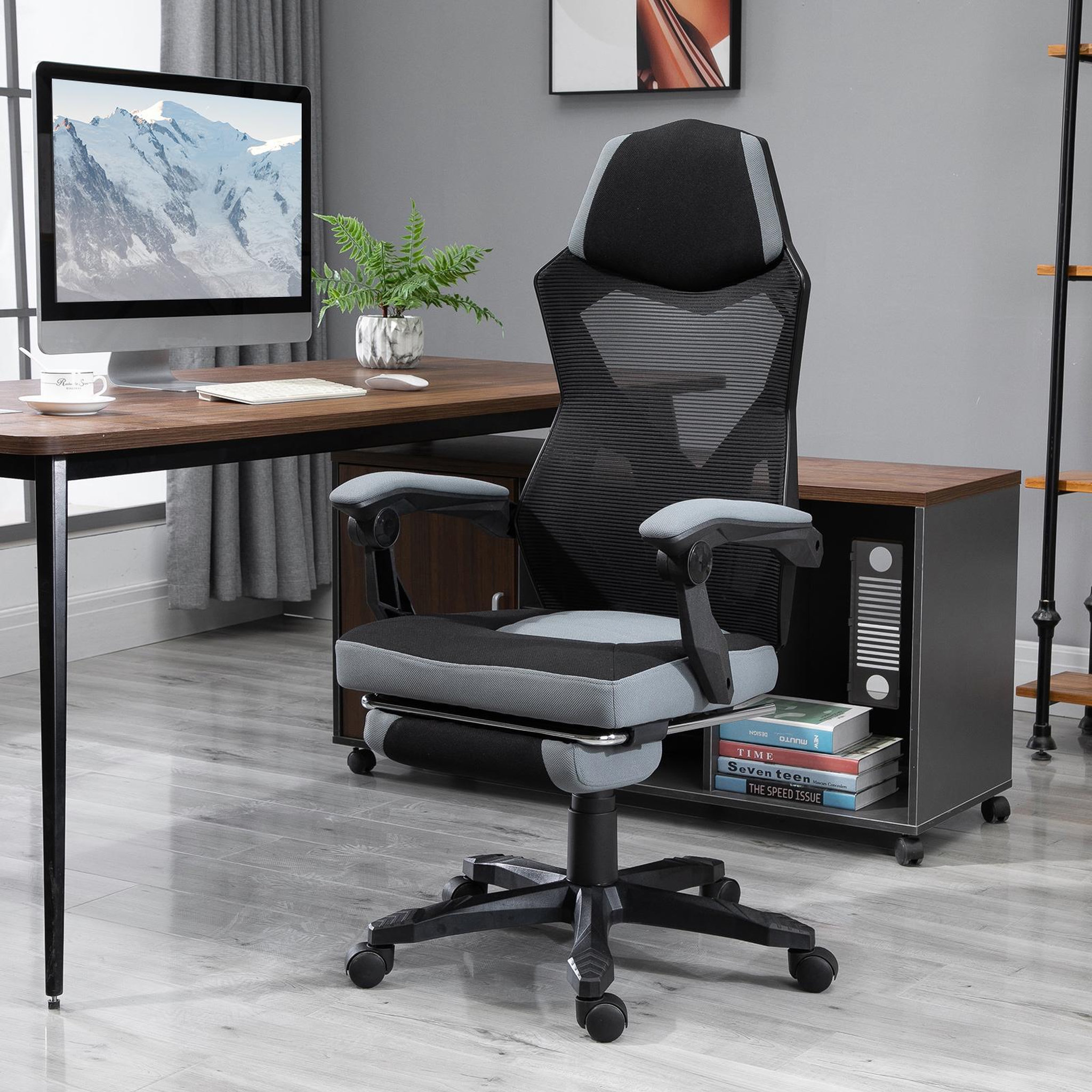 Voir la diapositive 2 : HOMCOM Fauteuil gaming chaise gamer dossier et hauteur réglable roulettes pivotantes repose-pied tissu maille gris noir