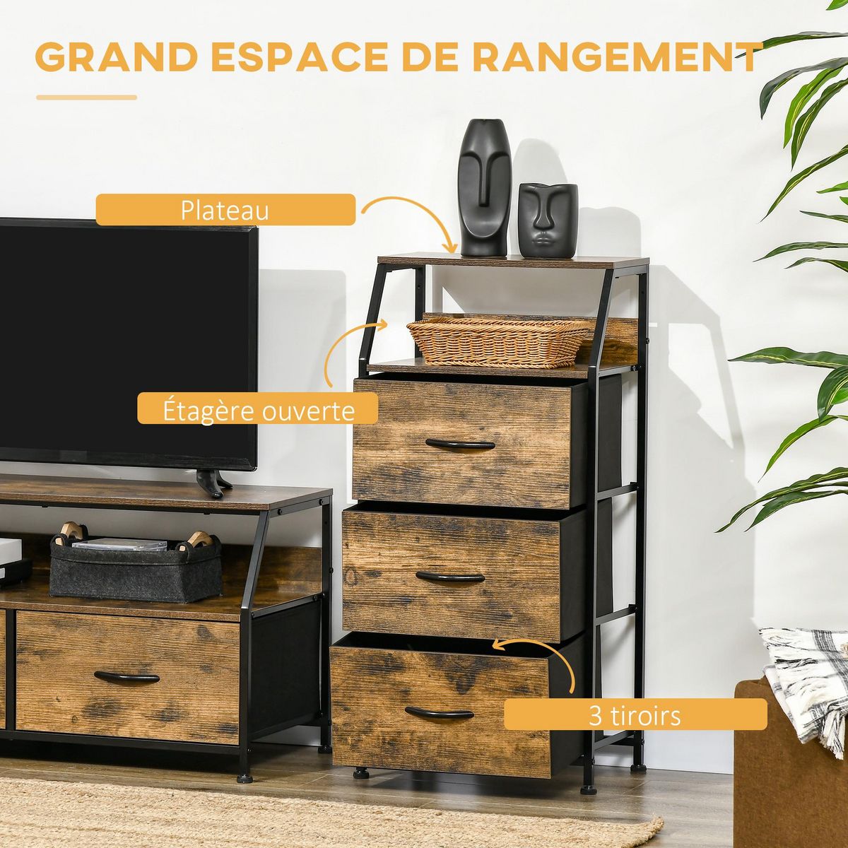 HOMCOM Meuble de rangement colonne design industriel - 3 tiroirs, niche, étagère - châssis acier noir MDF aspect bois avec veinage
