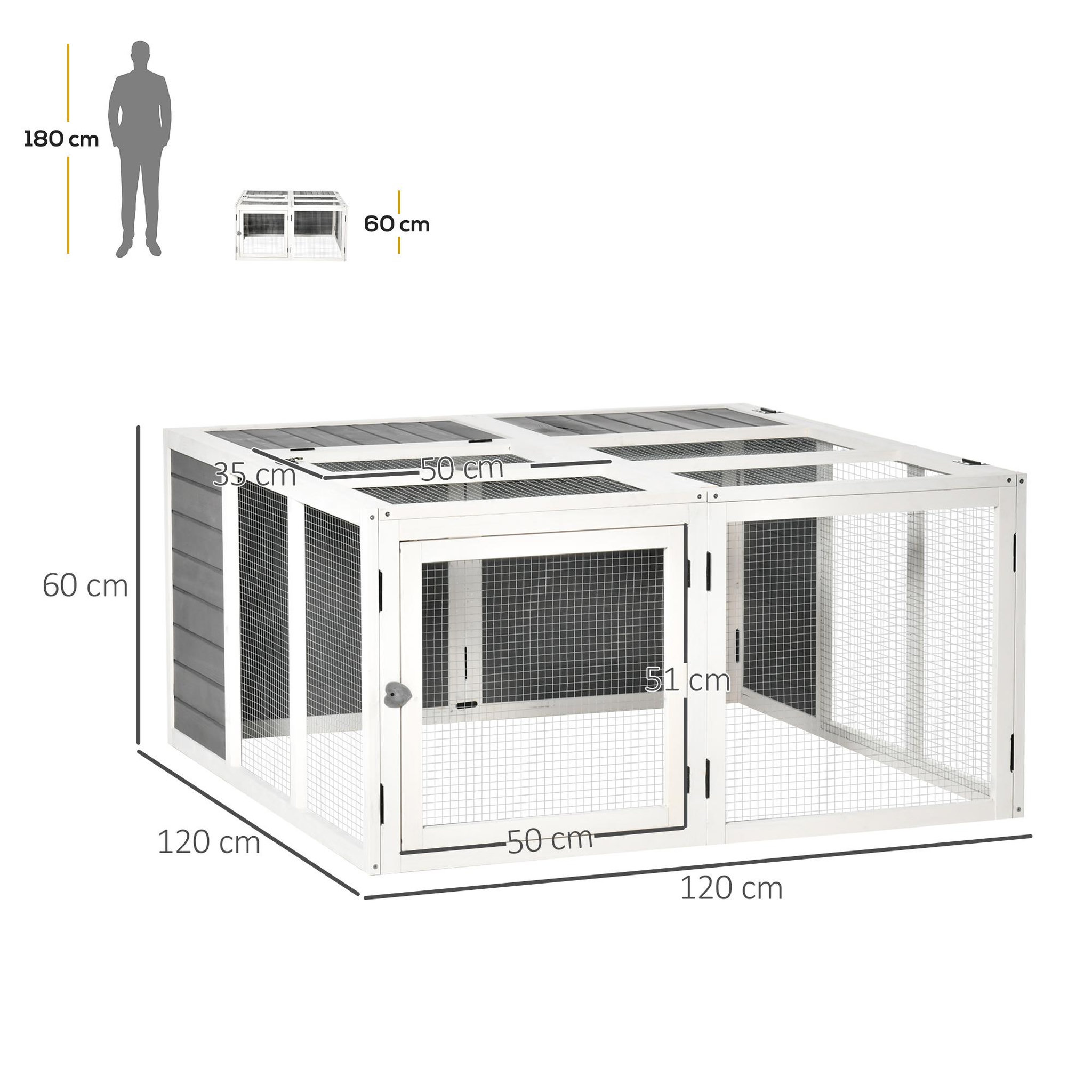 Voir la diapositive 3 : PAWHUT Clapier de sol enclos extérieur 2 portes verrouillables toit pliant ouvrant fil métallique bois sapin pré-huilé peint gris blanc