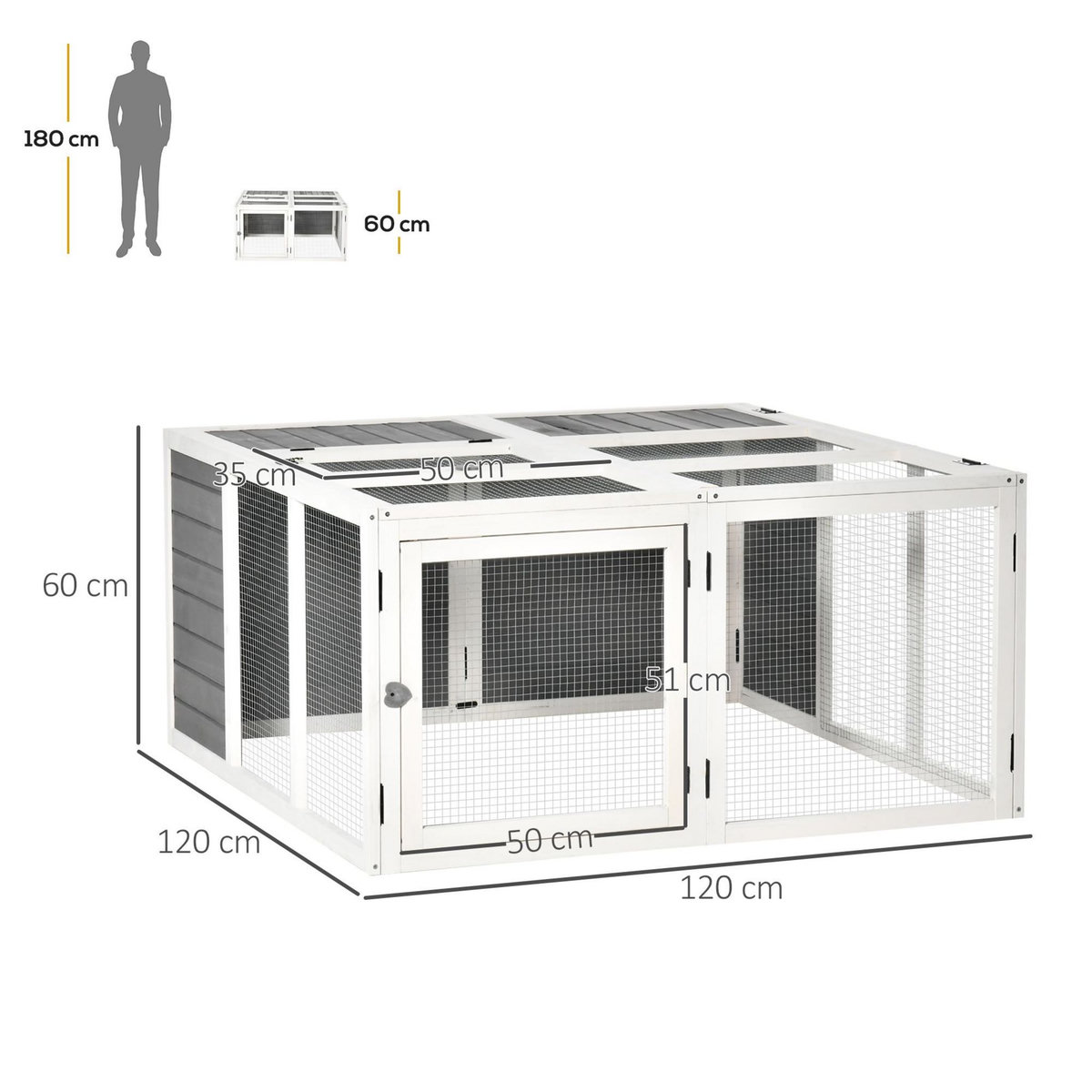 PAWHUT Clapier de sol enclos extérieur 2 portes verrouillables toit pliant ouvrant fil métallique bois sapin pré-huilé peint gris blanc