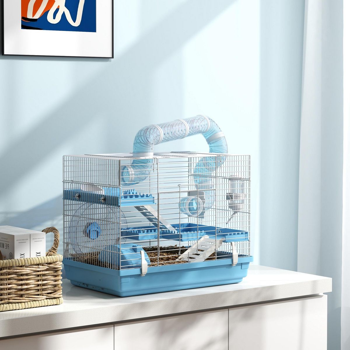PAWHUT Cage pour hamster portable 2 portes 2 étages nombreux accessoires et tubes blanc bleu