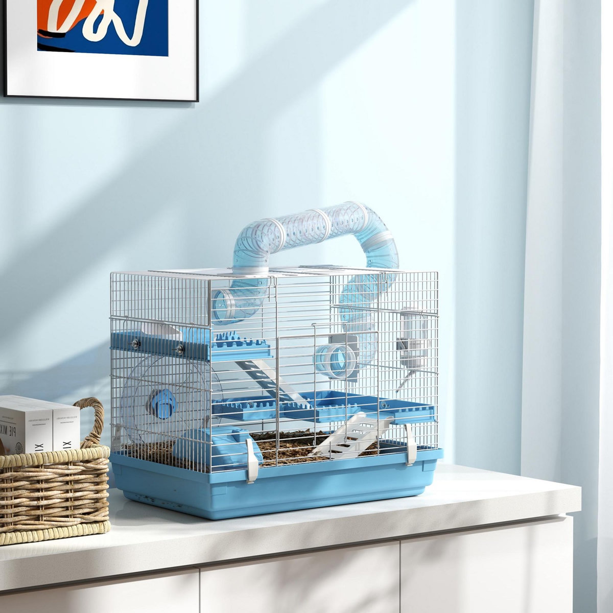 PAWHUT Cage pour hamster portable 2 portes 2 étages nombreux accessoires et tubes blanc bleu