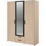 Voir la diapositive 3 : PARISOT Armoire VARIA - Décor chene et noir - 3 portes battantes + 2 tiroirs + 1 miroir - L 150 x H 200 x P 51 cm