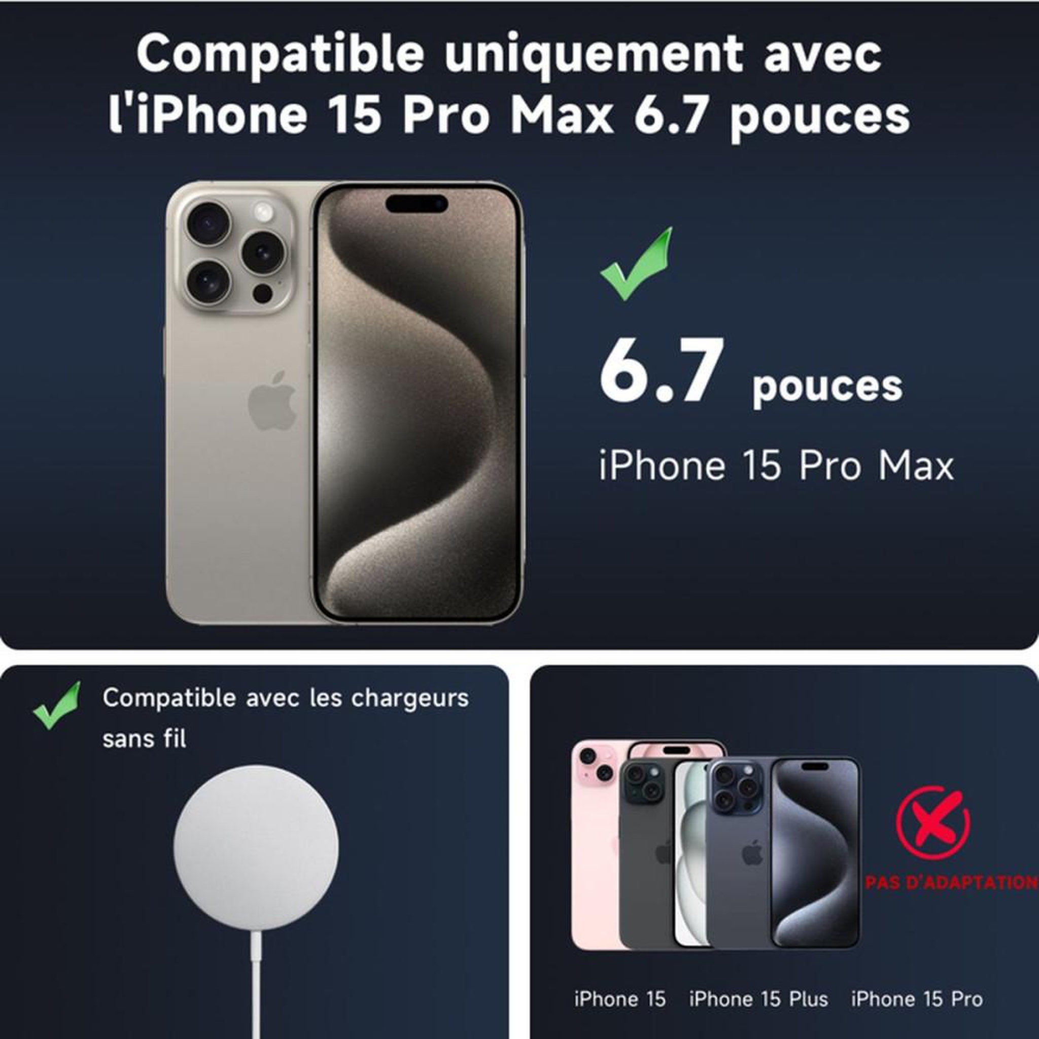 Voir la diapositive 2 : Coque portefeuille magnétique cuir noir pour iPhone 15 Pro Max 6,7  avec 2 protège-écrans verre trempé