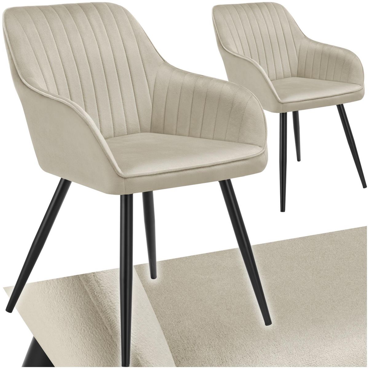 tectake Chaise de salle à manger en velours matelassée et capitonnée crème/noir Lot de 2