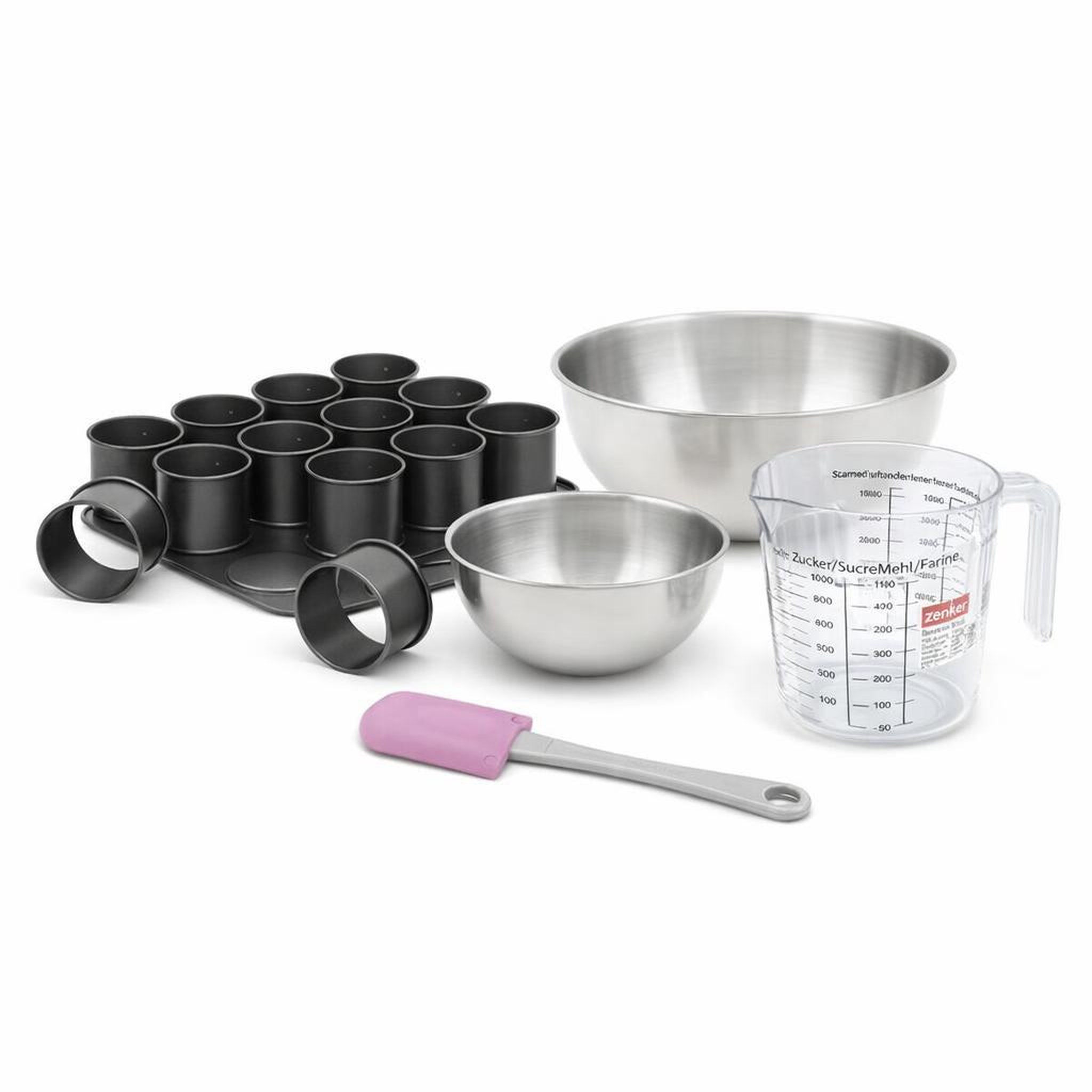 Voir la diapositive 1 : ZENKER Set à pâtisserie 1 plaque de 12 mini-moules 2 bols à mixer 1 verre mesureur et 1 spatule zenker black metallic