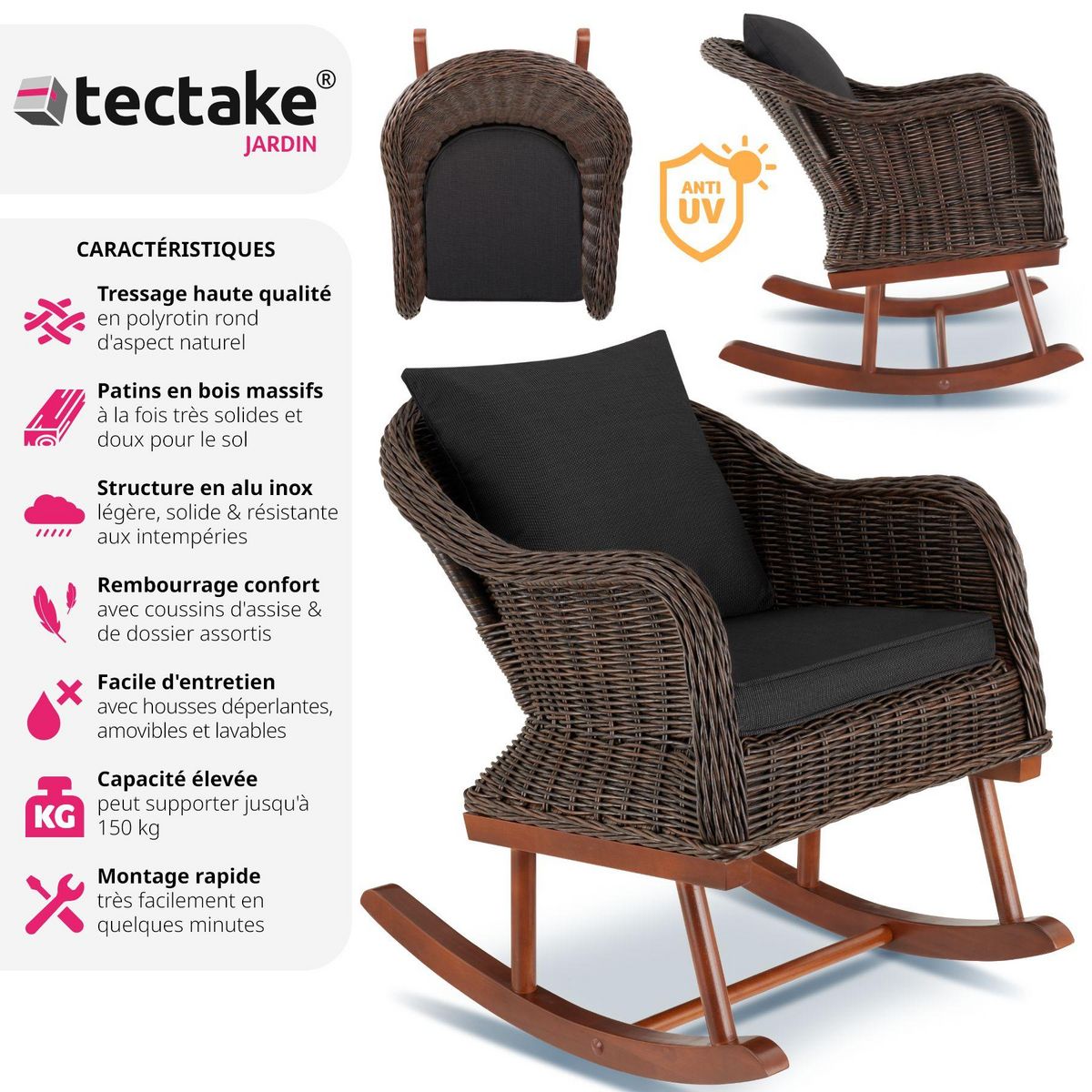 tectake Fauteuil à bascule en rotin tressage à l'aspect naturel avec cadre en aluminium marron