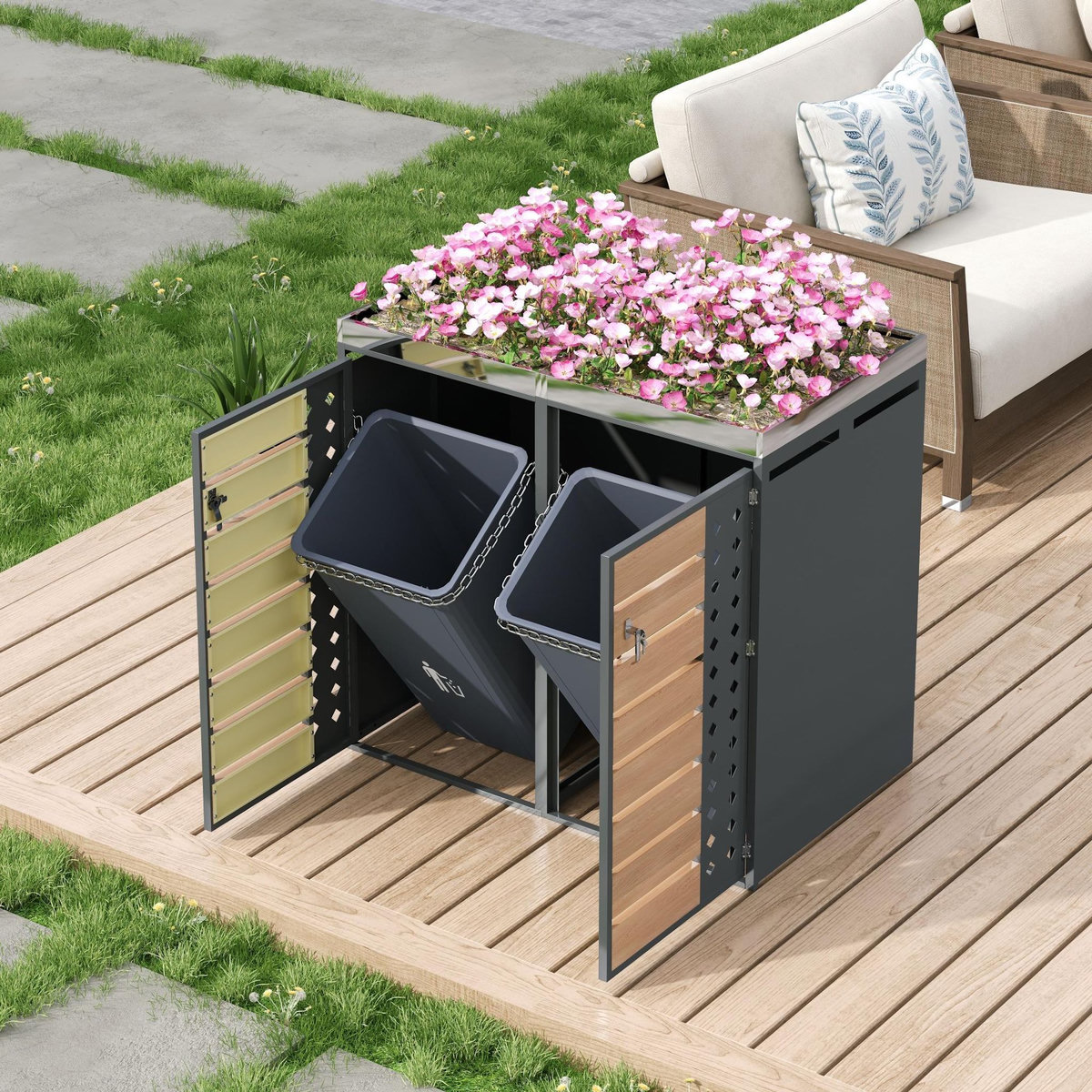 MERAX Cache Poubelle Extérieur 2 Bacs avec Verrouillage et Jardinière, Gris
