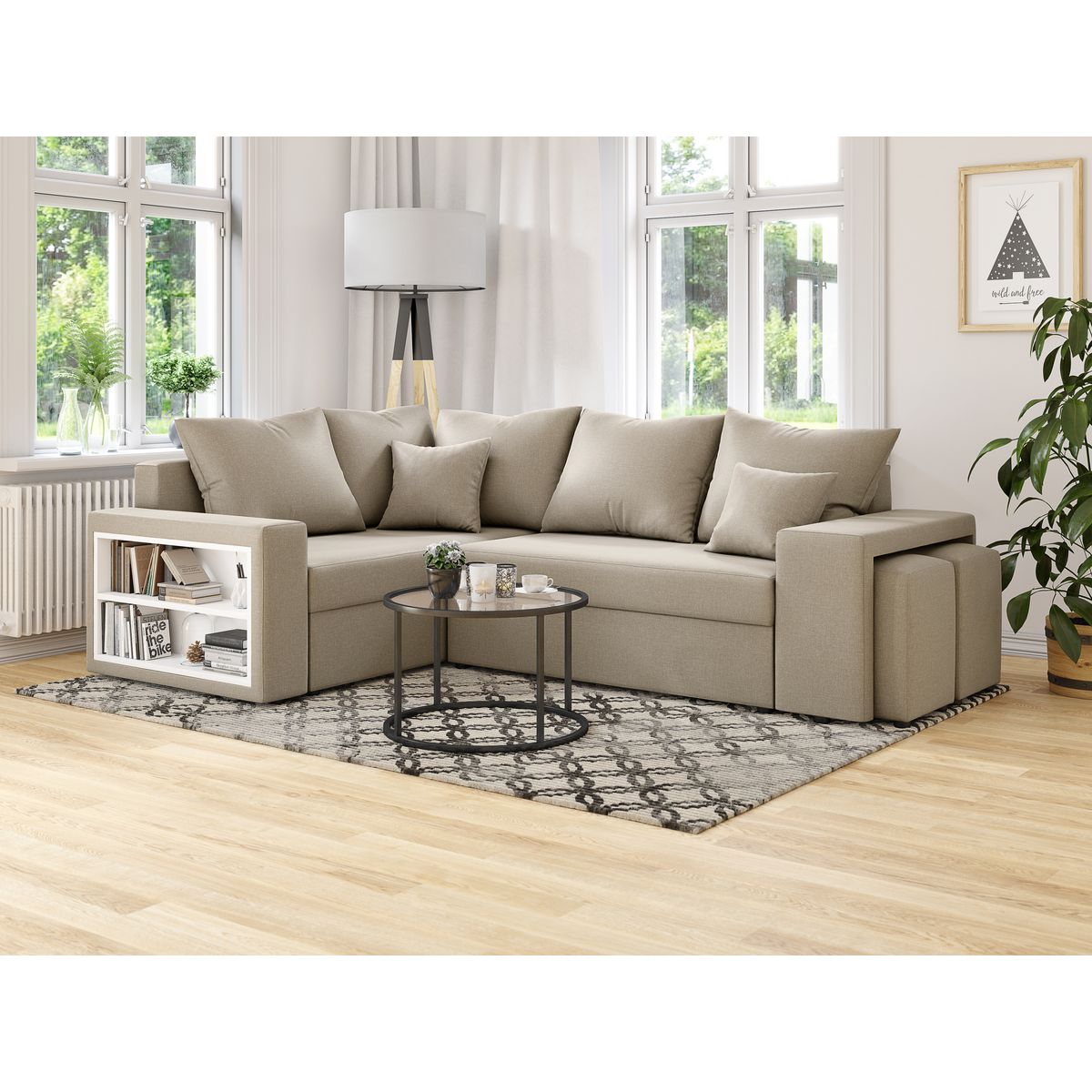 Canapé d'angle convertible réversible 5 places avec étagères et poufs intégrés AUSTIN XL