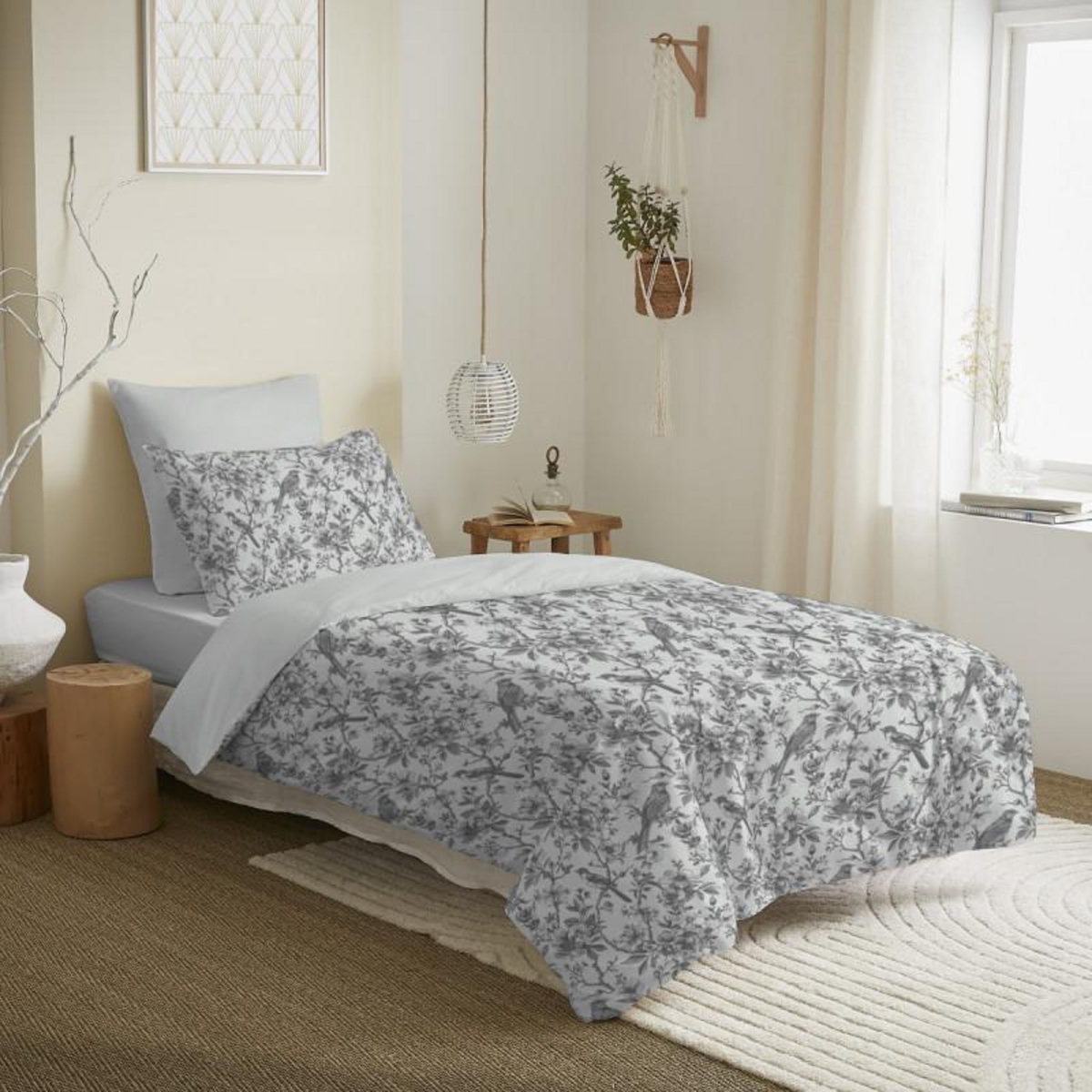 COTON PUR Pack complet housse de couette réversible pour lit 90 x 190 cm Bérengère nuage