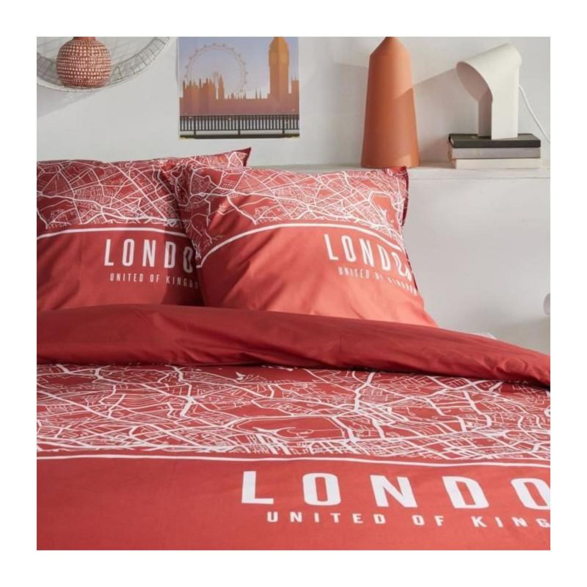 Today Parure de lit - TODAY - JAVA - 2 personnes - 240x220 cm - Coton - Imprimé London - Rouge