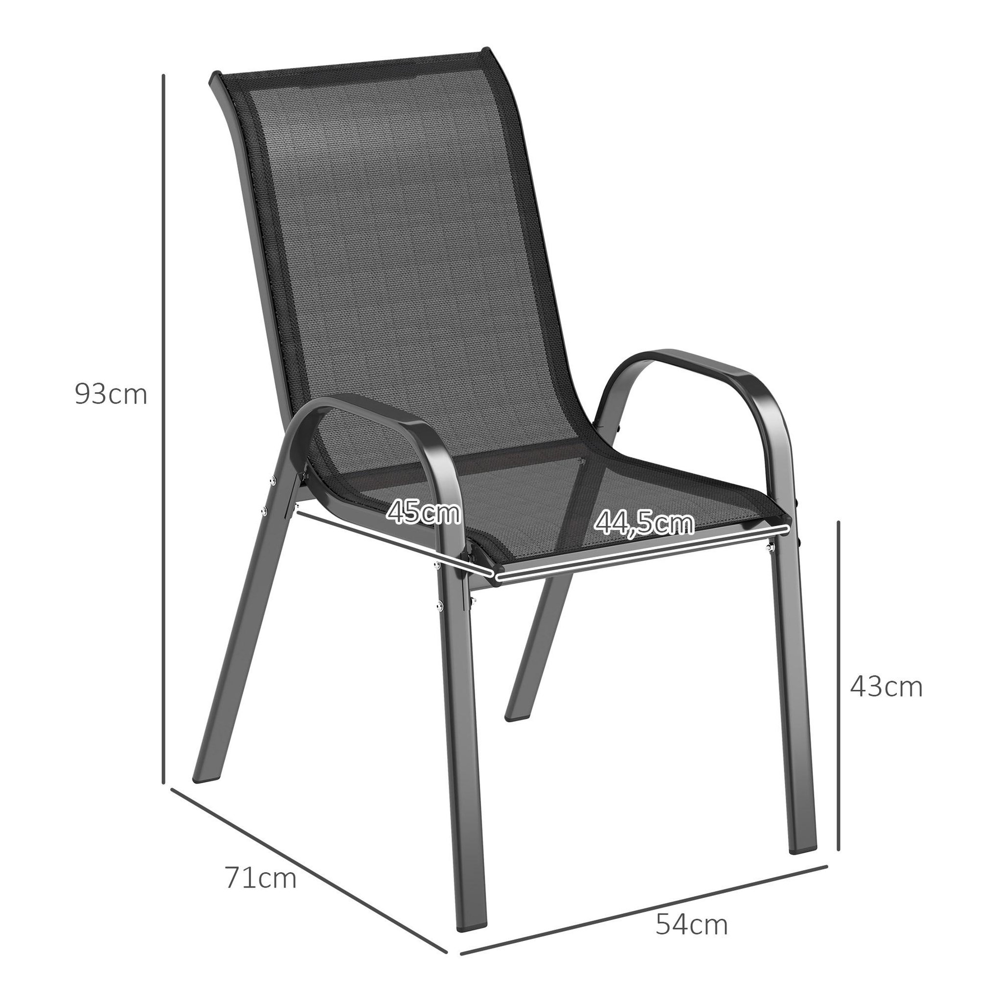 Voir la diapositive 3 : OUTSUNNY Lot de 4 chaises de jardin empilables - assise ergonomique, haut dossier, accoudoirs - acier textilène noir