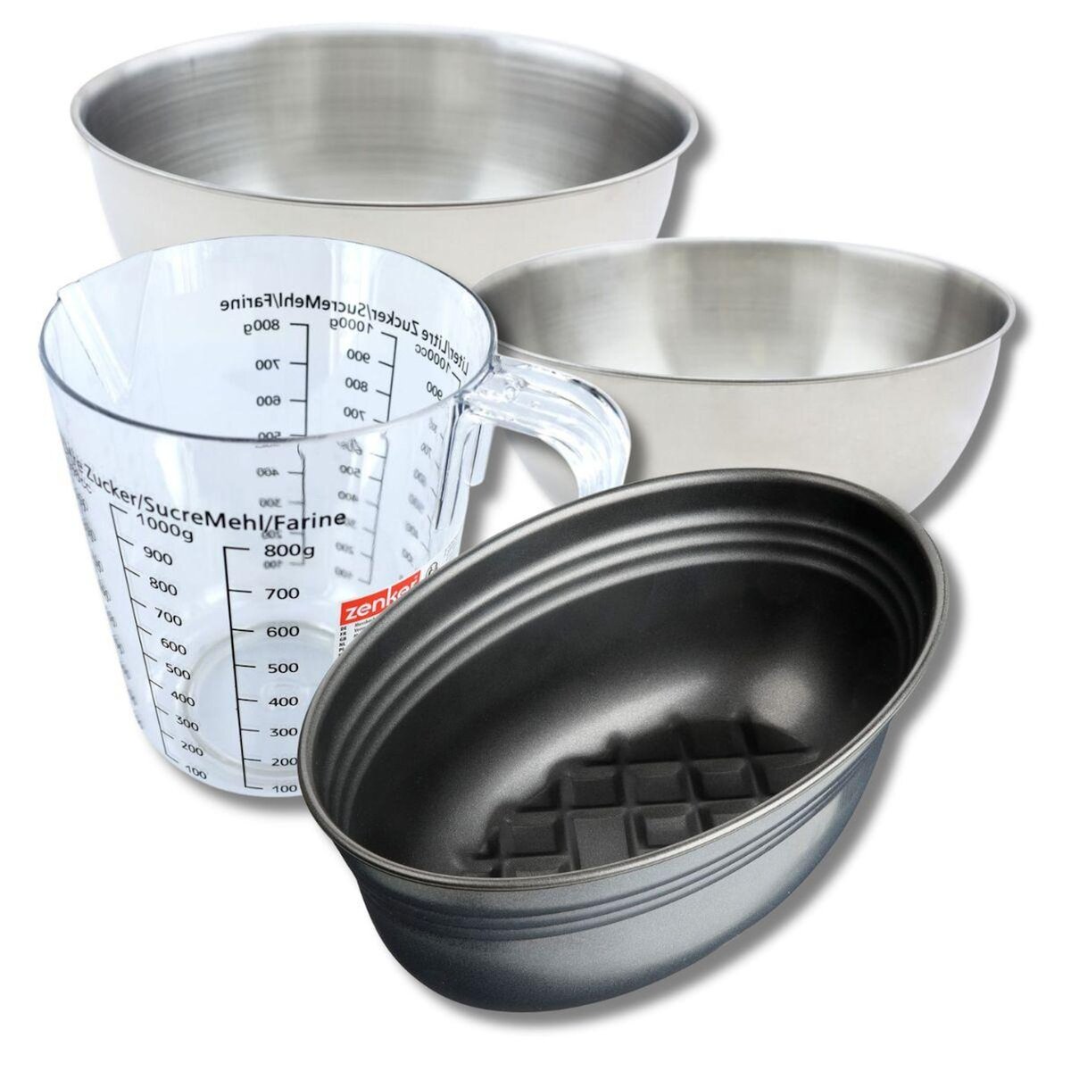 ZENKER Set pâtisserie avec moule à pain ovale 26 cm, 2 bols à mixer, verre mesureur et spatule Zenker