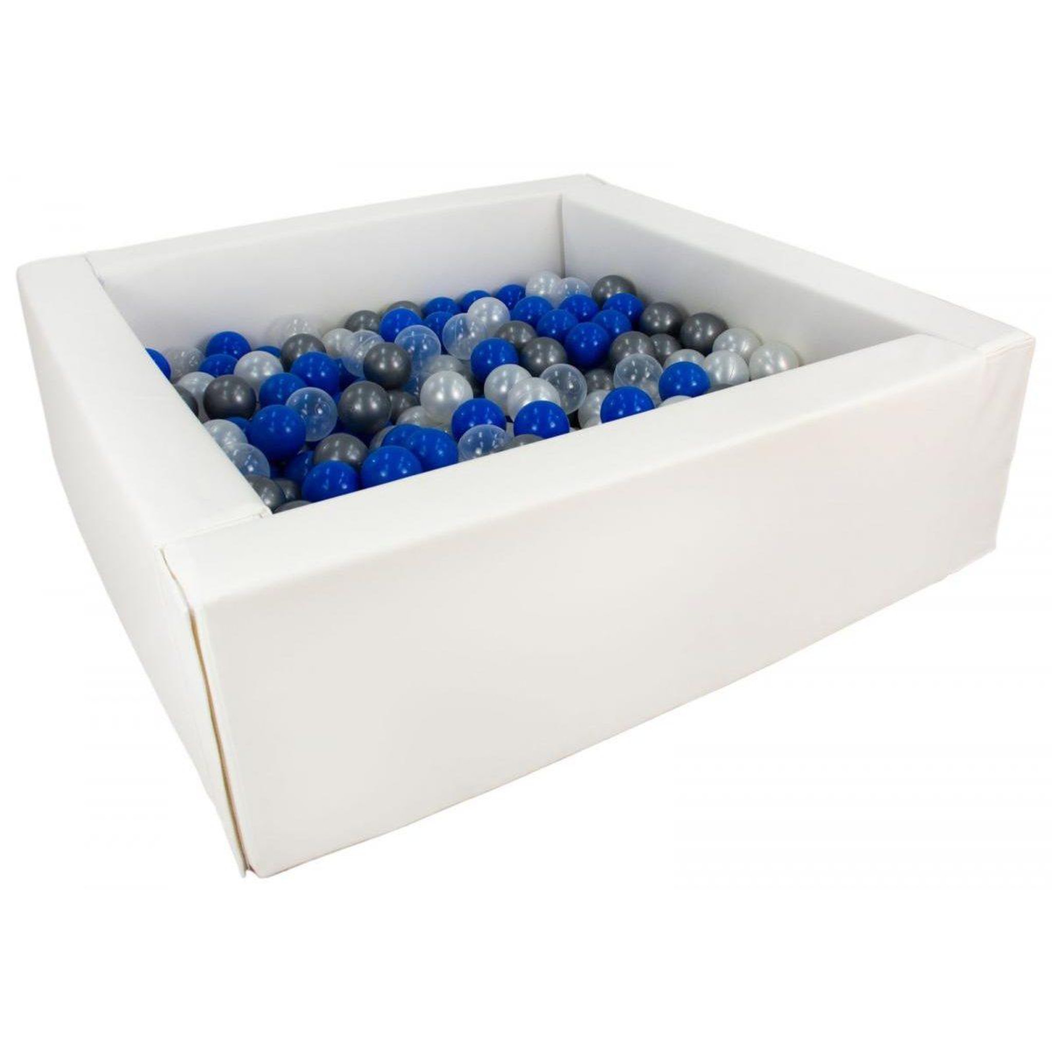 VELINDA Piscine à balles carrée avec 200 balles - blanc/perle, transparent, bleu, argent