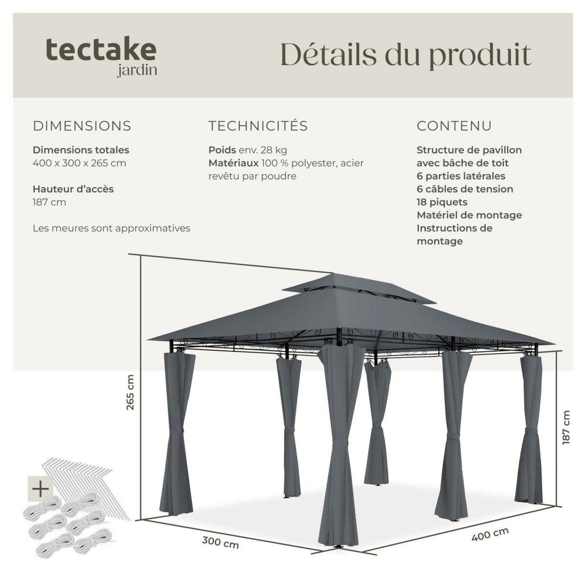 tectake Pavillon de jardin 4 x 3 m gris anthracite