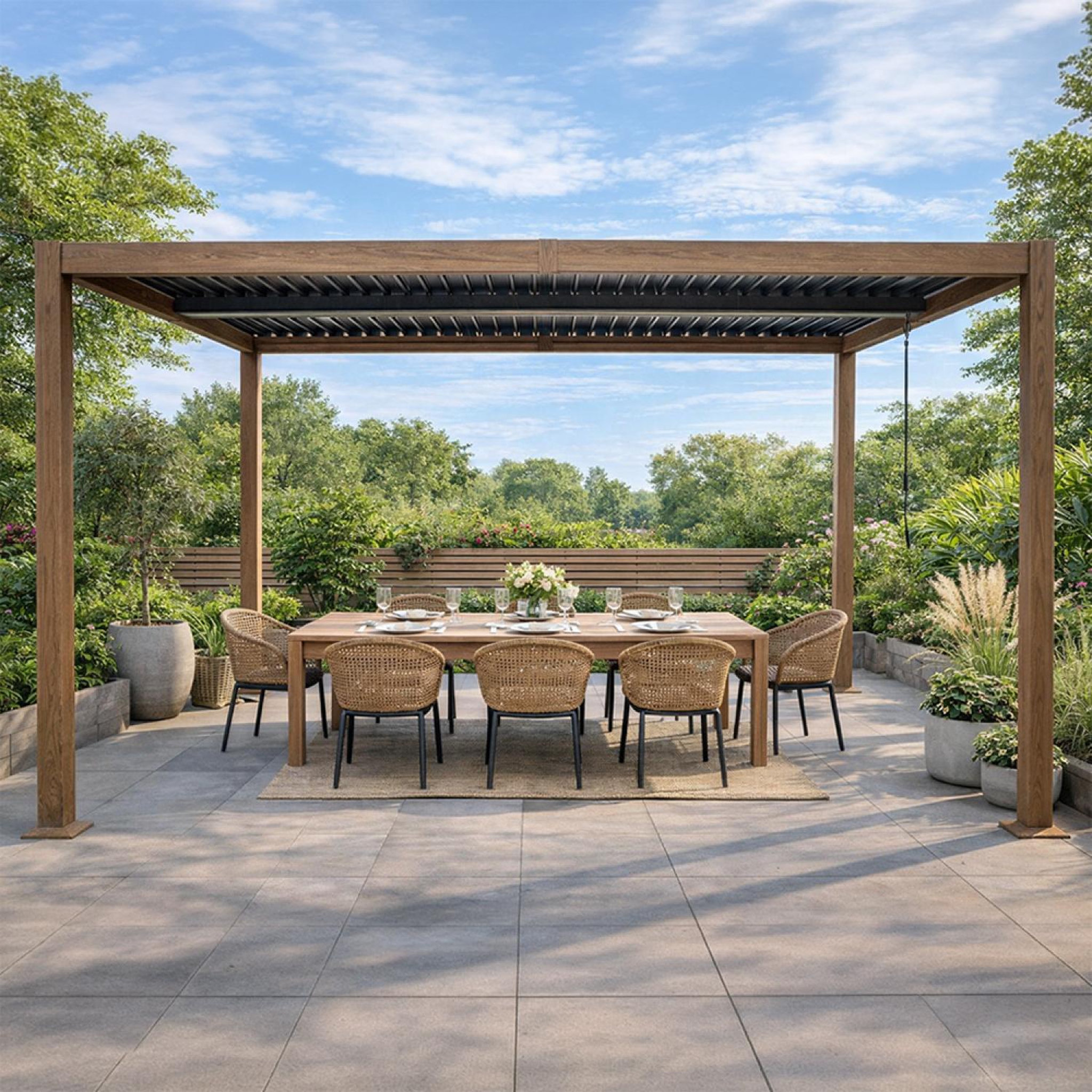 Voir la diapositive 5 : CONCEPT USINE Pergola bioclimatique 4x3m structure aluminium lames orientables effet bois corfu