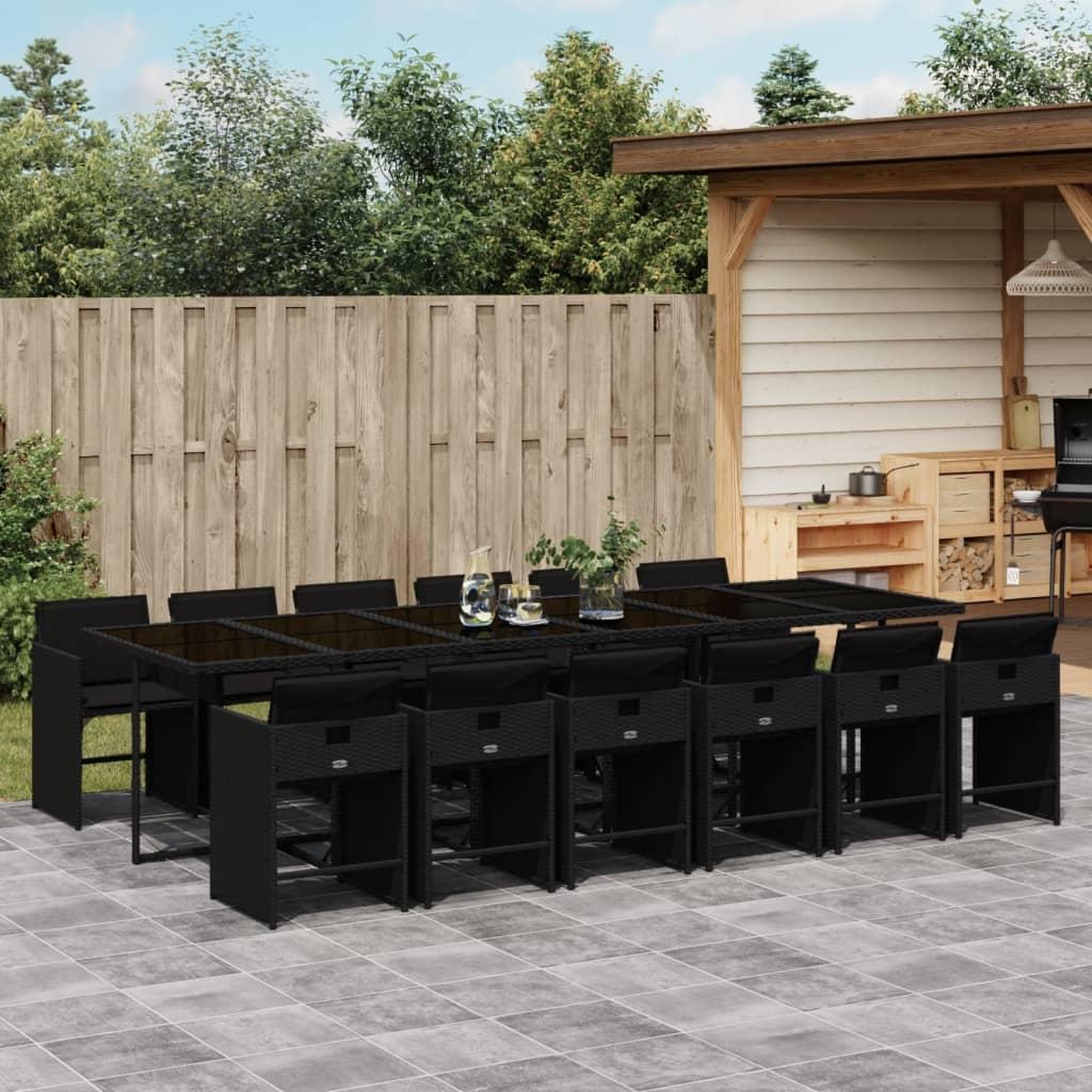 VIDAXL Ensemble a manger de jardin 13 pcs coussins noir resine tressee