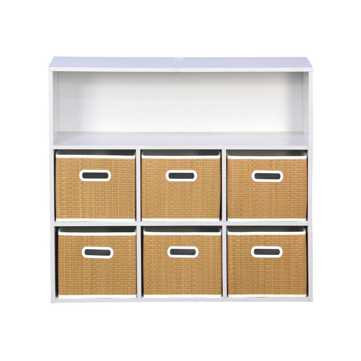 SWEEEK Meuble de rangement pour enfant avec 7 compartiments et 6 paniers en fibre végétale