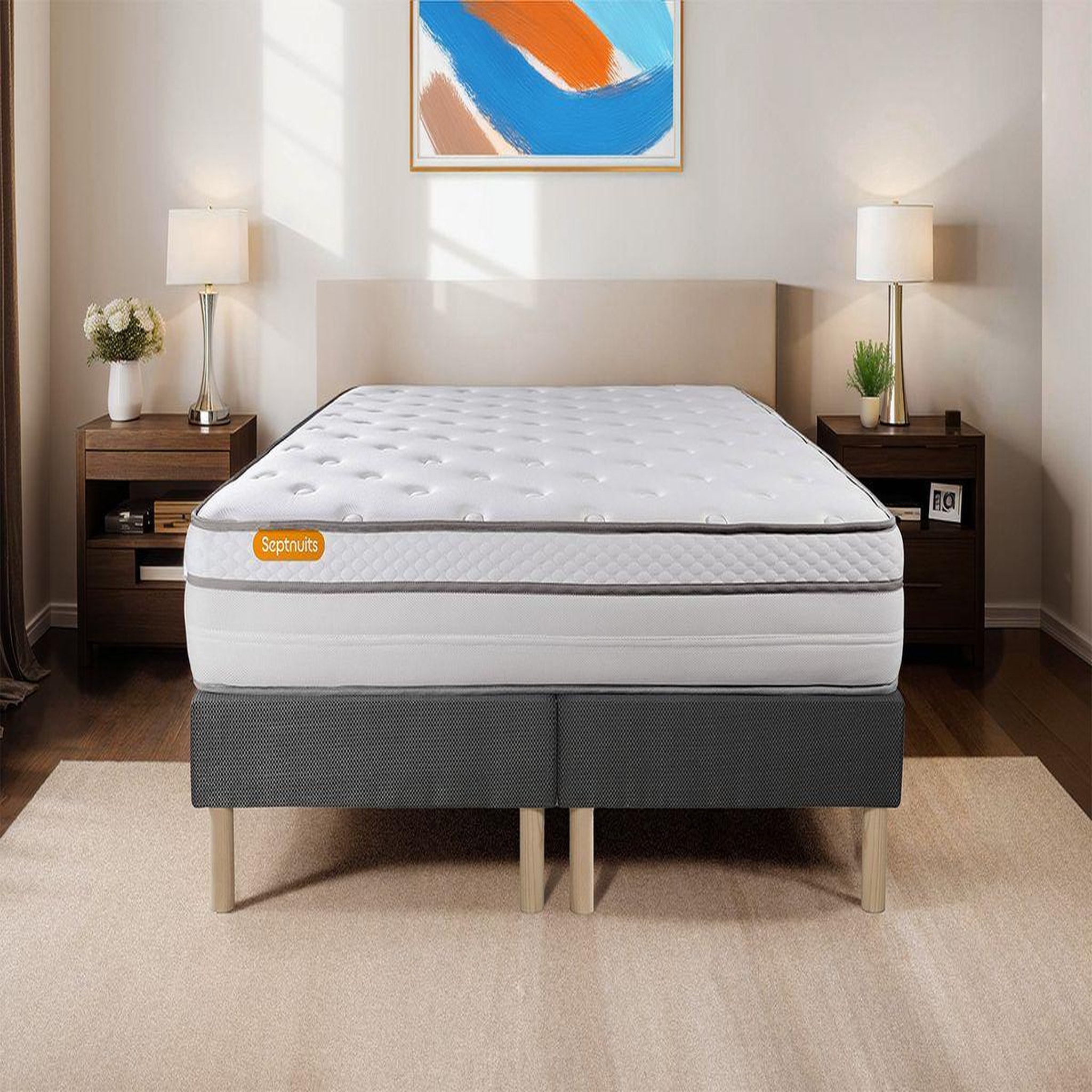 Voir la diapositive 1 : SEPTNUITS Matelas + double sommiers gris Memo Luxe Ressorts ensachés + mémoire de forme 5 zones de confort MAXI épaisseur