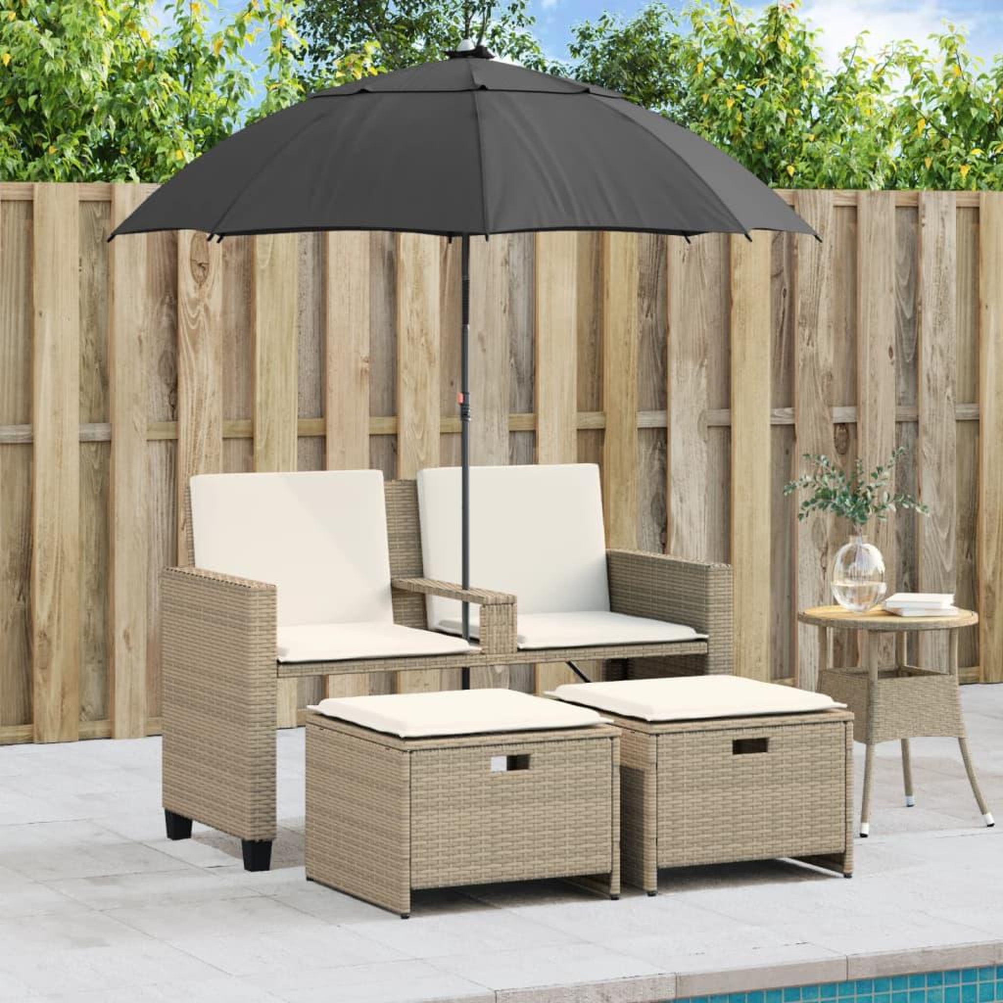 Voir la diapositive 3 : VIDAXL Canape de jardin 2 places avec parasol et tabourets beige rotin