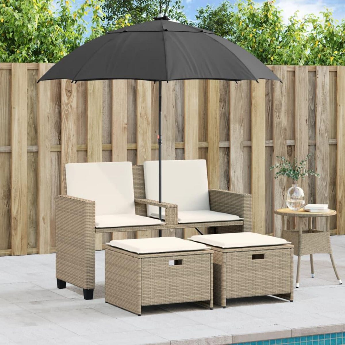VIDAXL Canape de jardin 2 places avec parasol et tabourets beige rotin